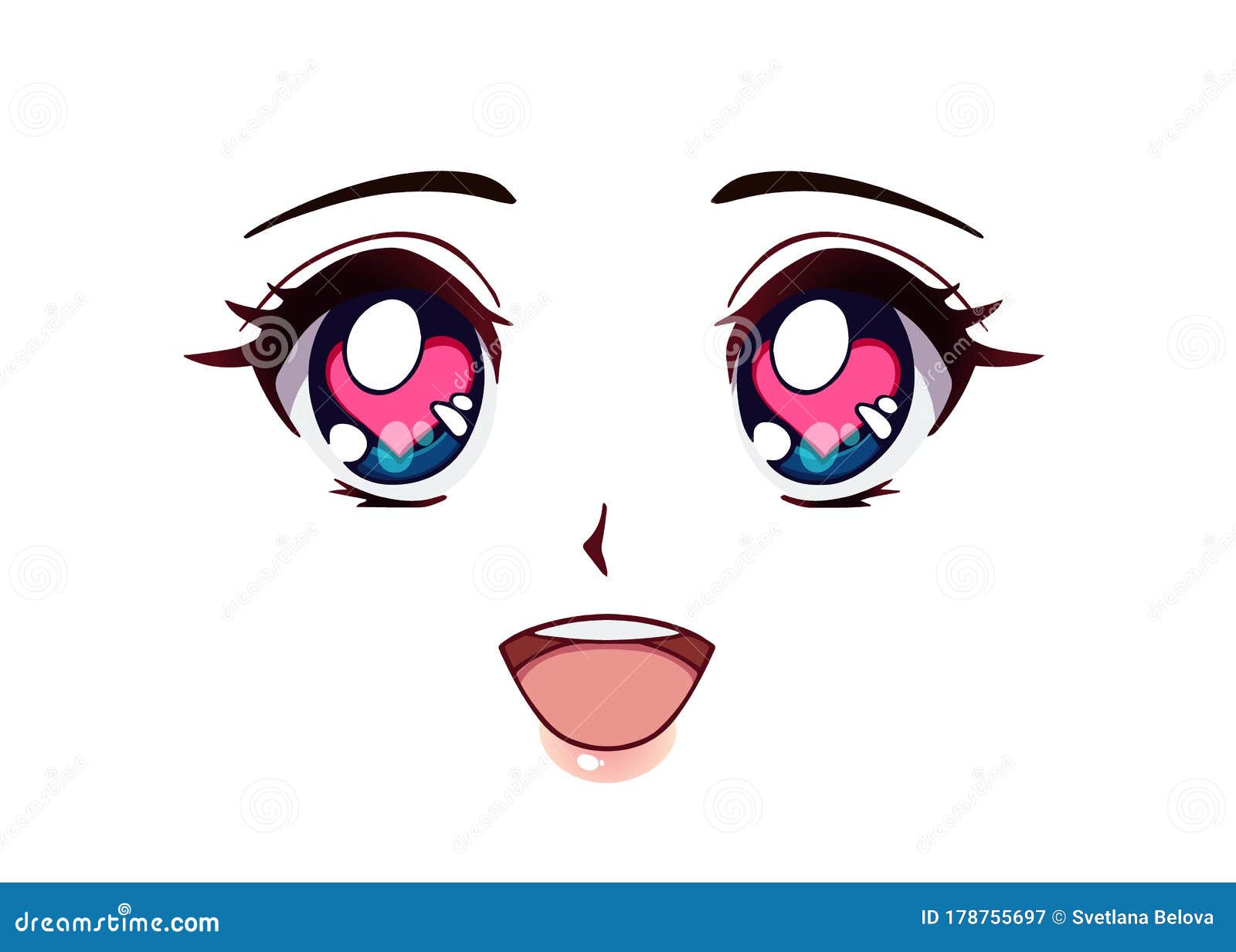 Rosto Animado. Estilo Manga Grandes Olhos Azuis Nariz Pequeno E Boca Kawaii  Ilustração do Vetor - Ilustração de divertimento, assustado: 176475980