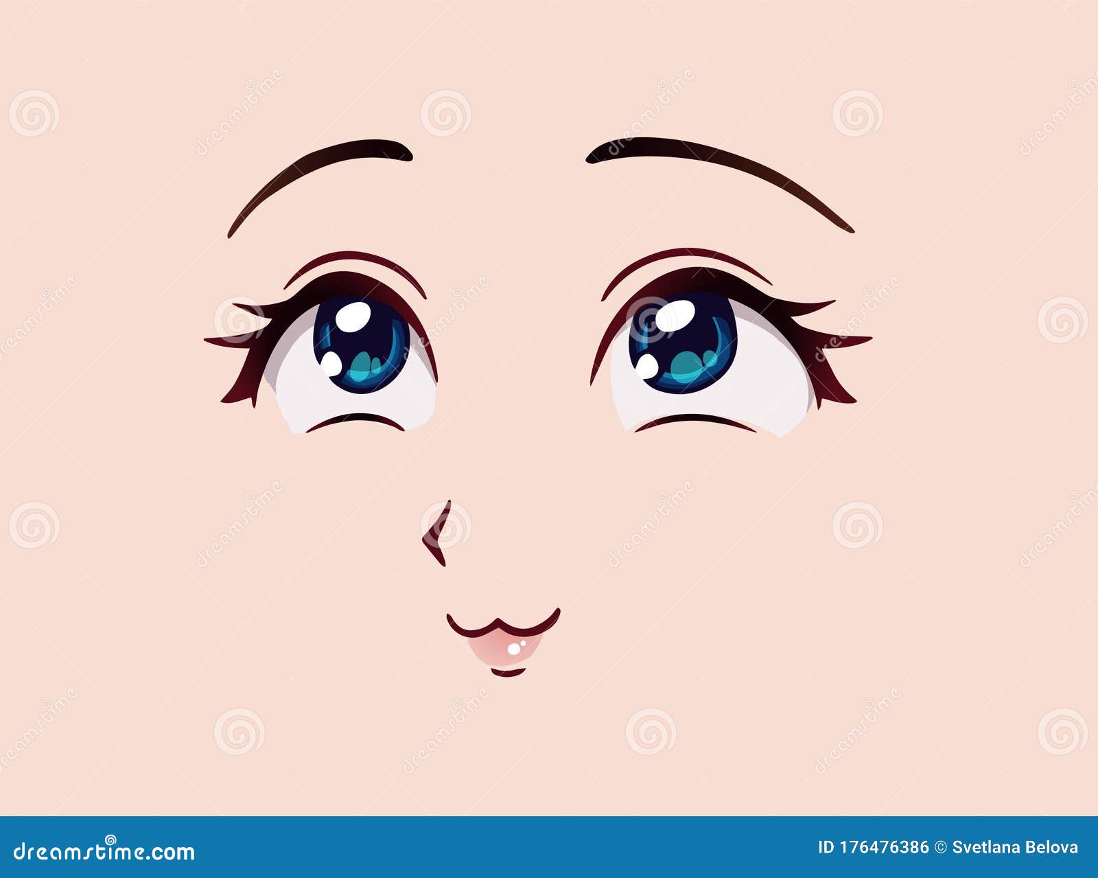 Cara de anime feliz. olhos fechados no estilo mangá, nariz pequeno e boca  kawaii. desenhado à mão.