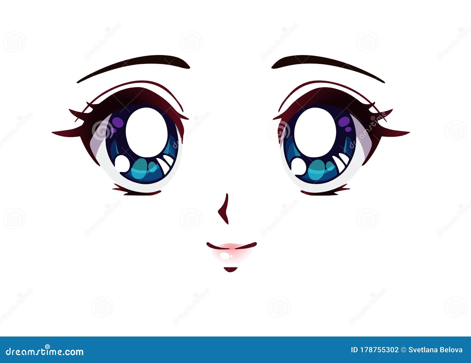 Cara de anime feliz. olhos fechados no estilo mangá, nariz pequeno e boca  kawaii. desenhado à mão.