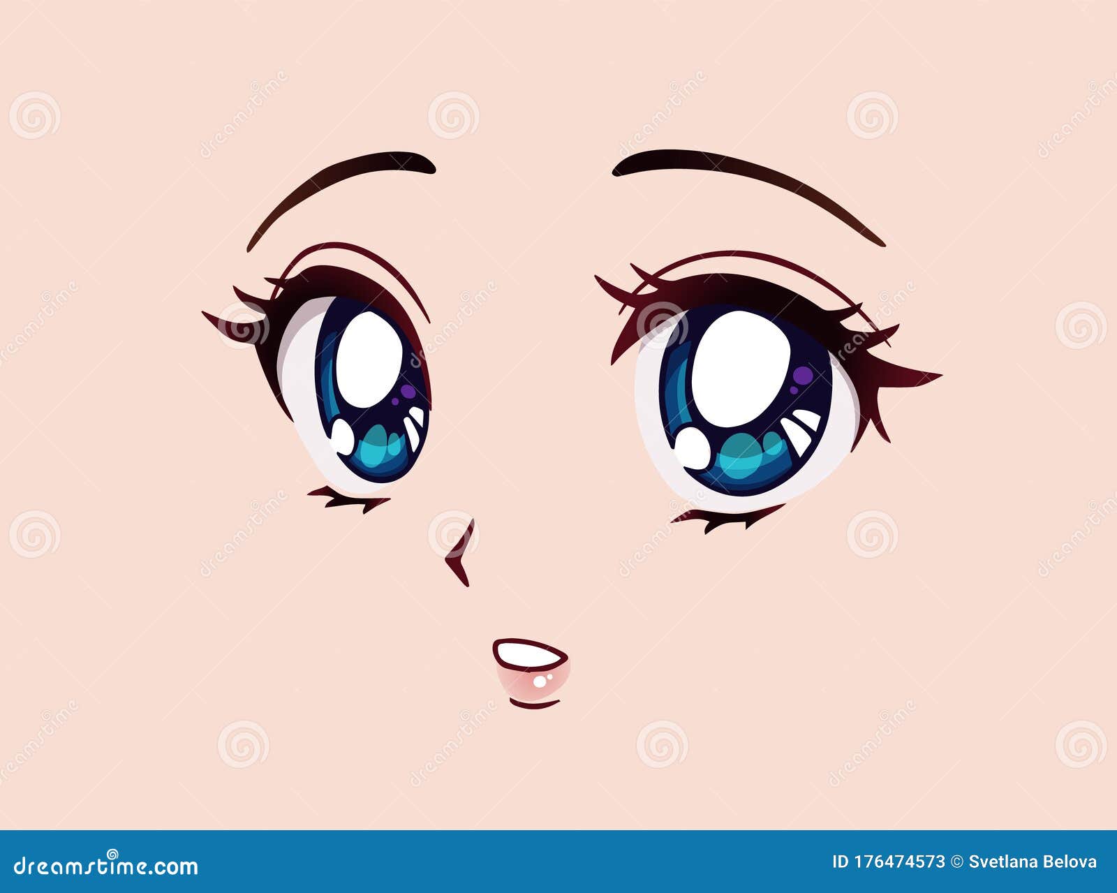 Rosto de anime assustado. manga estilo grandes olhos azuis, nariz pequeno e  boca kawaii. mão-extraídas ilustração dos desenhos animados.