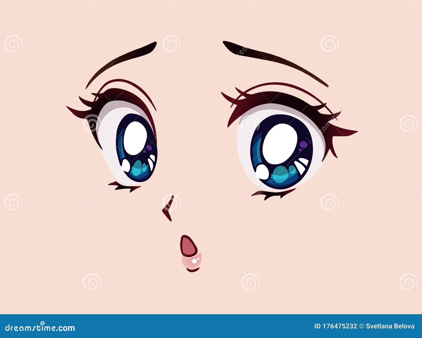 Rosto De Anime Triste. Estilo Manga Grandes Olhos Azuis Nariz Pequeno E  Boca Kawaii Ilustração do Vetor - Ilustração de chicotes, gema: 176475232