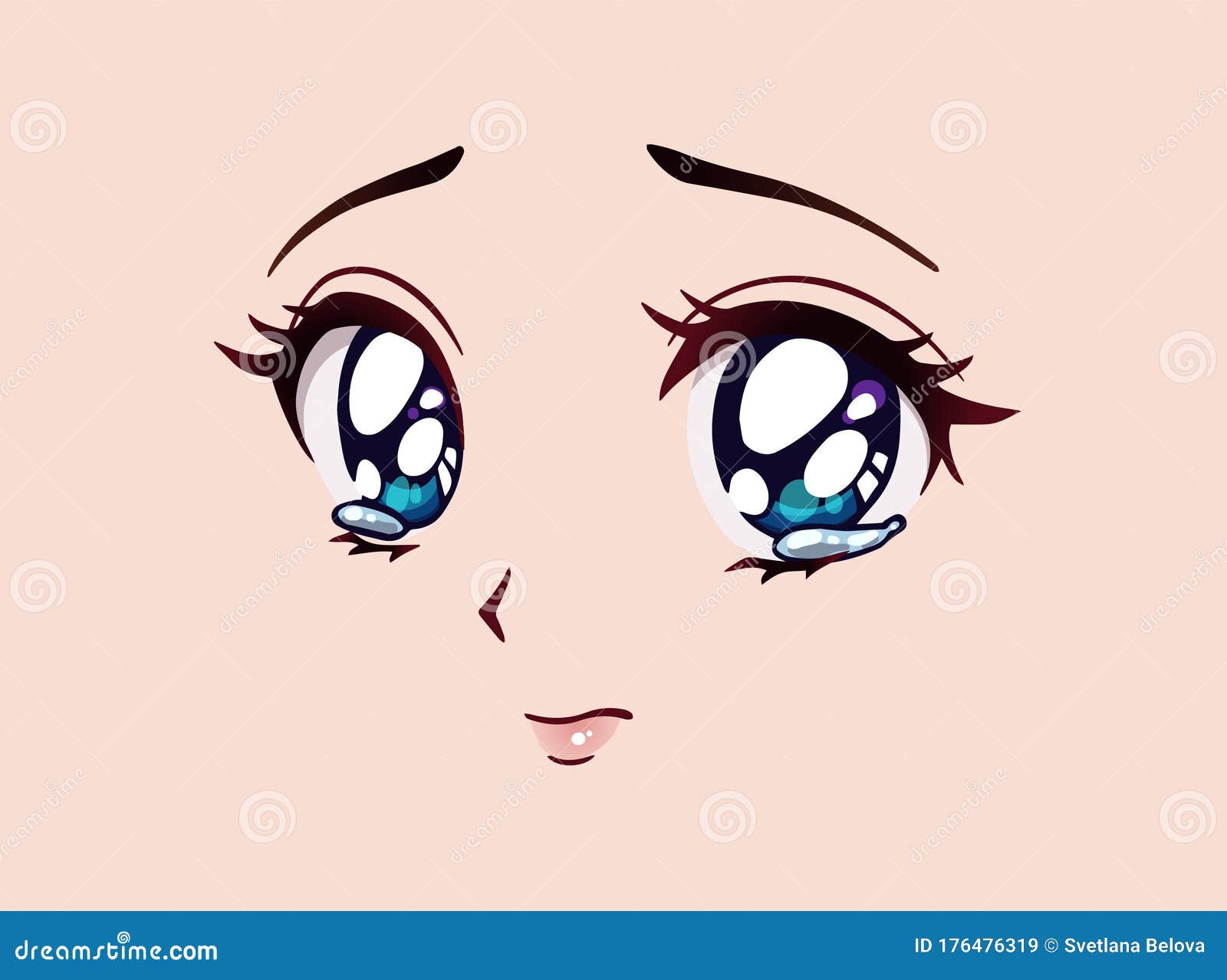 Rosto De Anime Triste. Estilo Manga Grandes Olhos Azuis Nariz Pequeno E  Boca Kawaii Ilustração do Vetor - Ilustração de chicotes, gema: 176475232