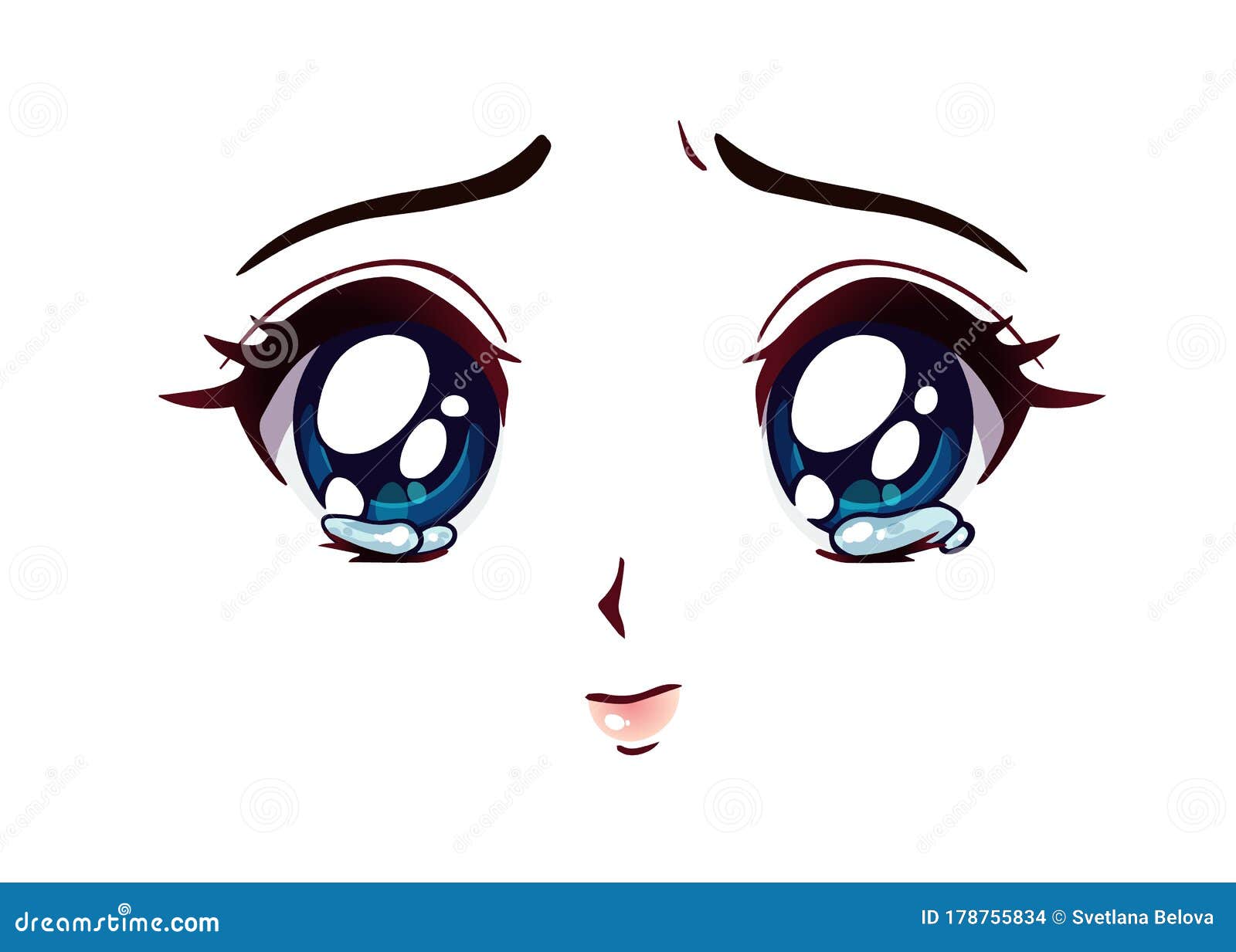 Rosto De Anime Triste. Estilo Manga Grandes Olhos Azuis Ilustração