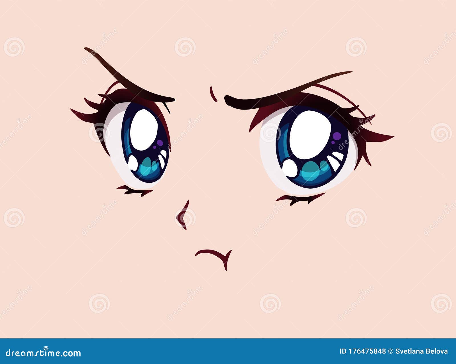 Estilo Animado Grande Olhos Azuis Nariz Pequeno E Boca Kawaii. Ilustração  do Vetor - Ilustração de retrato, arte: 176474399