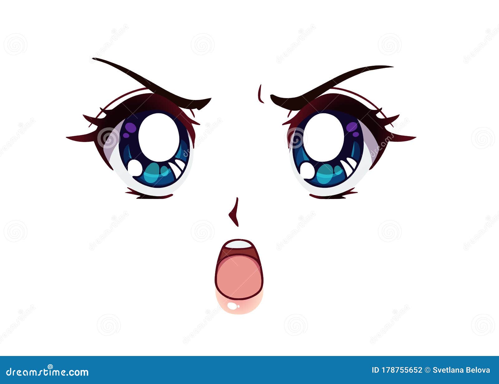 Rosto de anime assustado. olhos engraçados estilo mangá, nariz