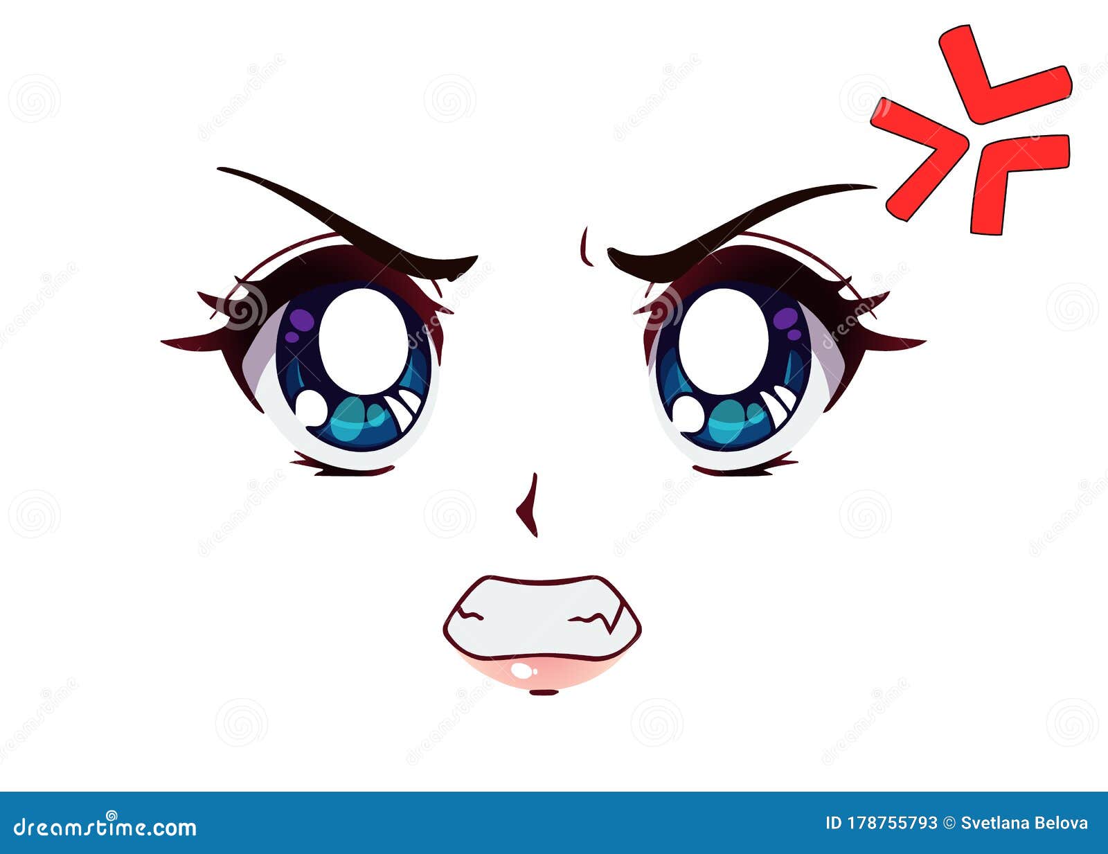 Cara de anime feliz estilo mangá grandes olhos verdes nariz pequeno e boca  kawaii ilustração vetorial desenhada à mão isolada em branco