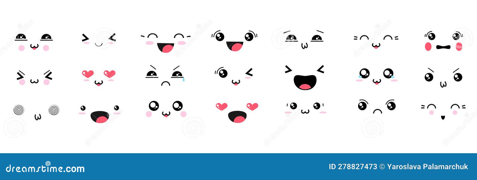 Kawaii rostos bonitos. olhos e bocas no estilo mangá. emoticon