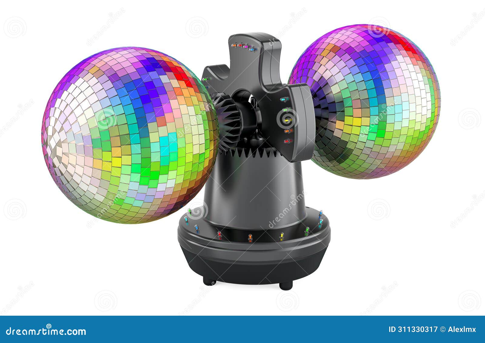 rotating double ball mirror strobe. disco roto balls, 3d rendering