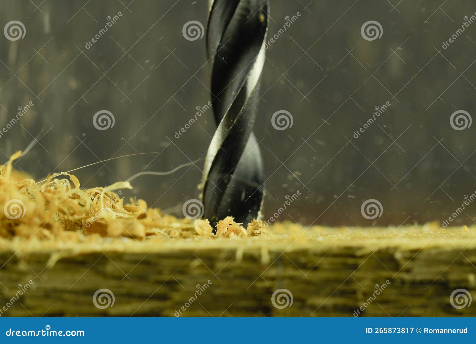 Rotating Drill in Wood. Drill with Flying Wood Chips. Concept for