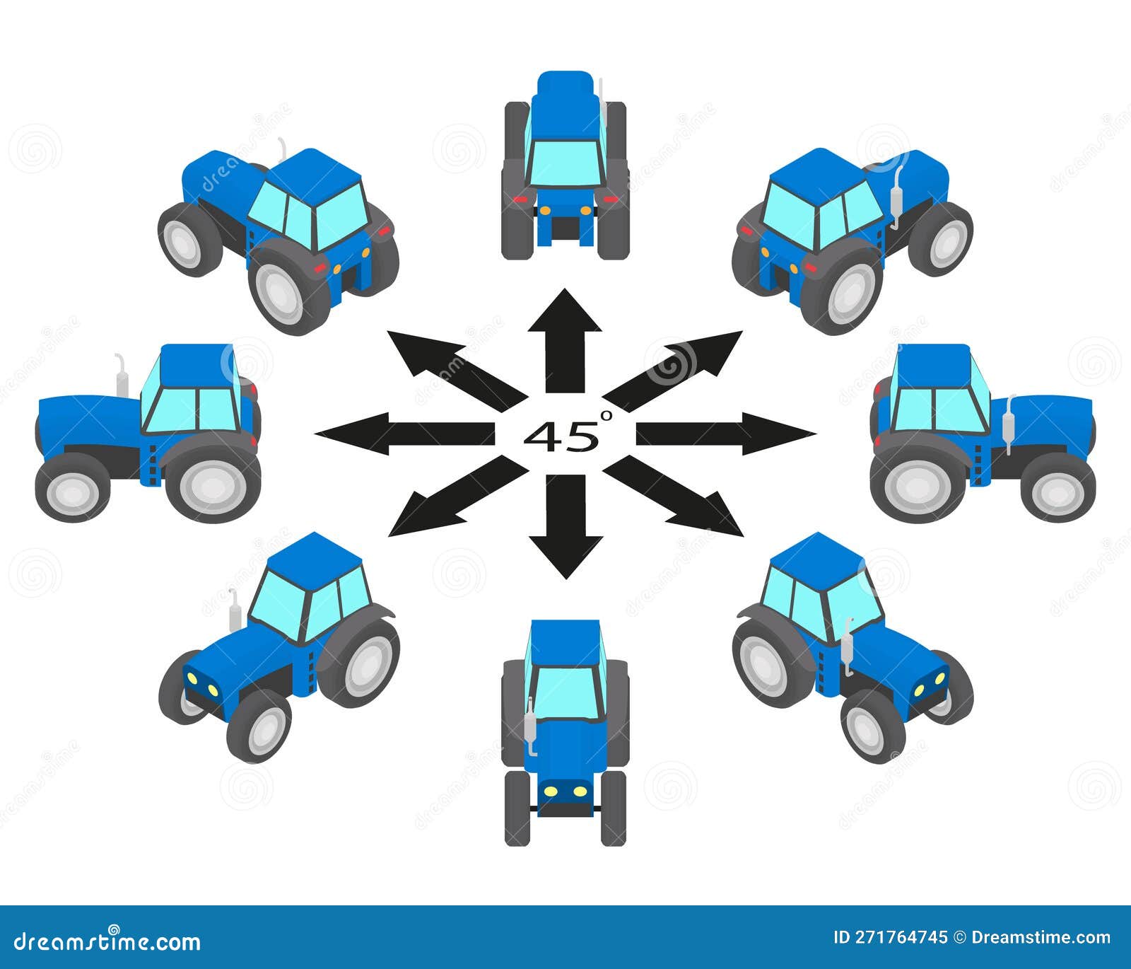 Rotation of Blue Tractor by 45 Degrees. Stock Vector Illustration of animation, agricultural