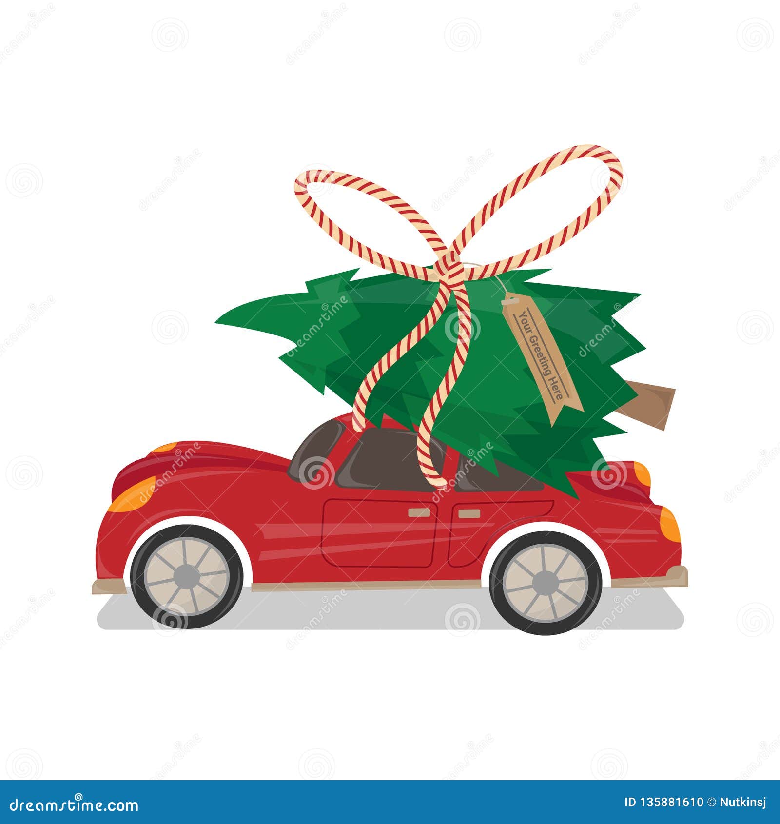 Rotes Auto Mit Weihnachtsbaum Auf Die Oberseite Vektor Abbildung Illustration Von Geschenk Farbband