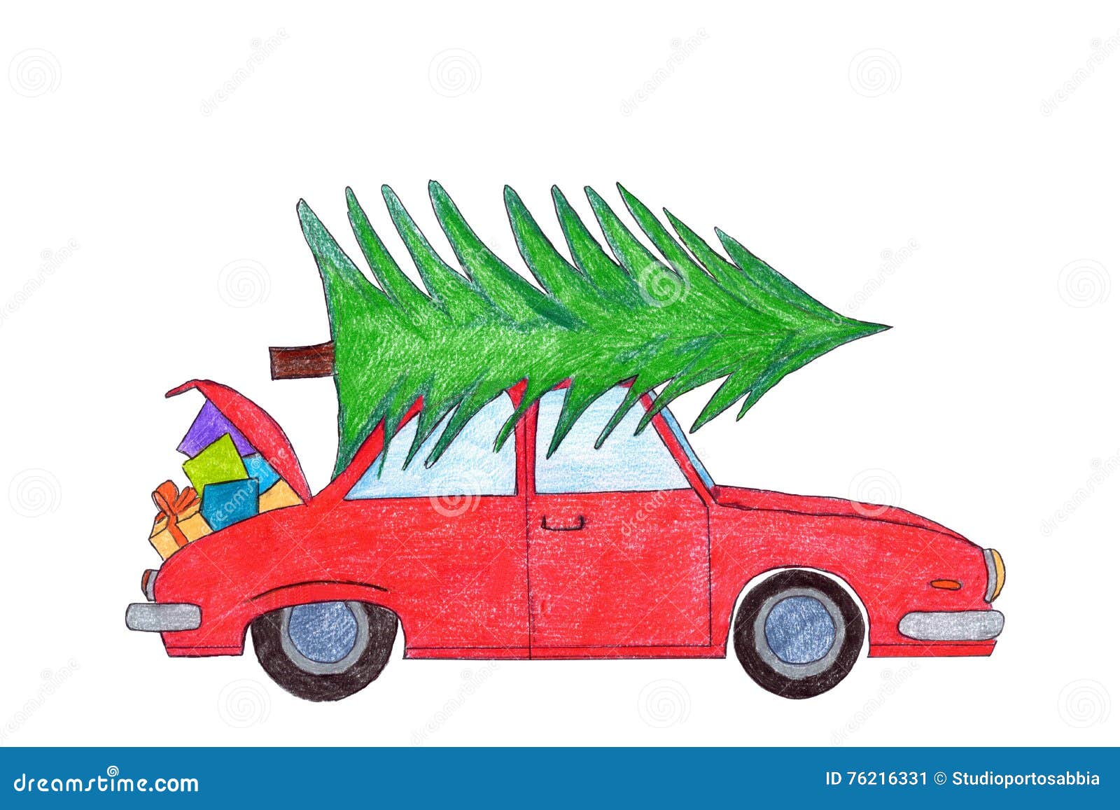 Rotes Auto Mit Weihnachtsbaum Auf Die Oberseite Stock Abbildung Illustration Von Weihnachten Geschenk