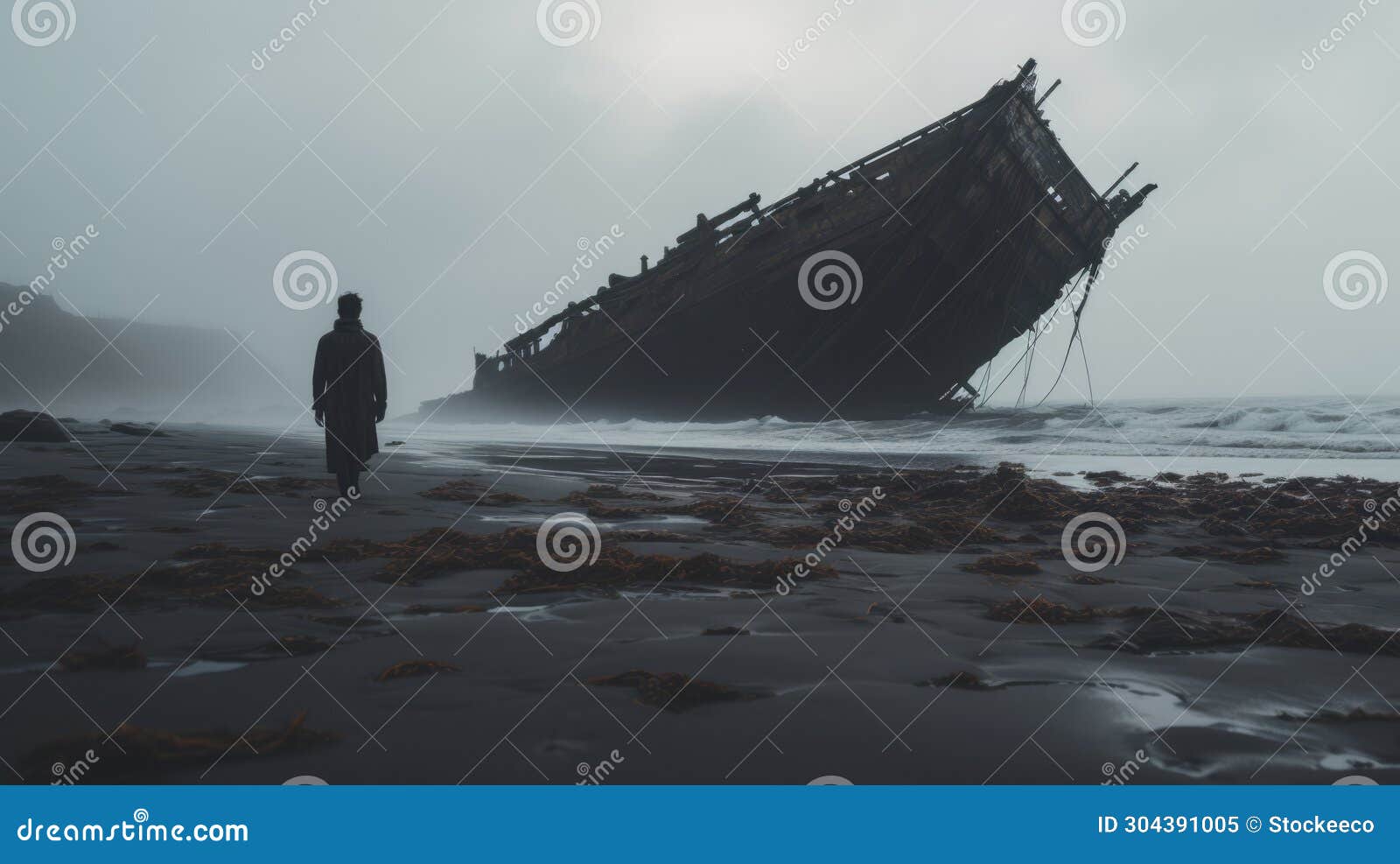 eerie coastal landscape with old ship: a captivating visual journey