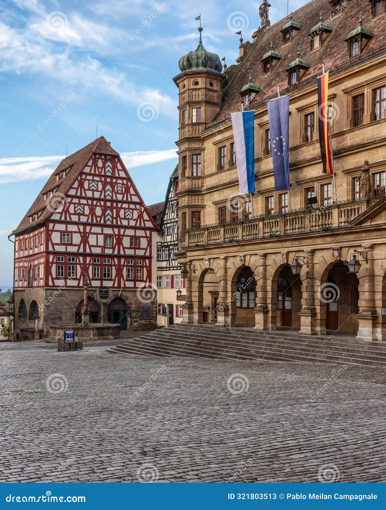 beautiful view of the buildings around the market square in rothenburg ob der tauber with roeder t