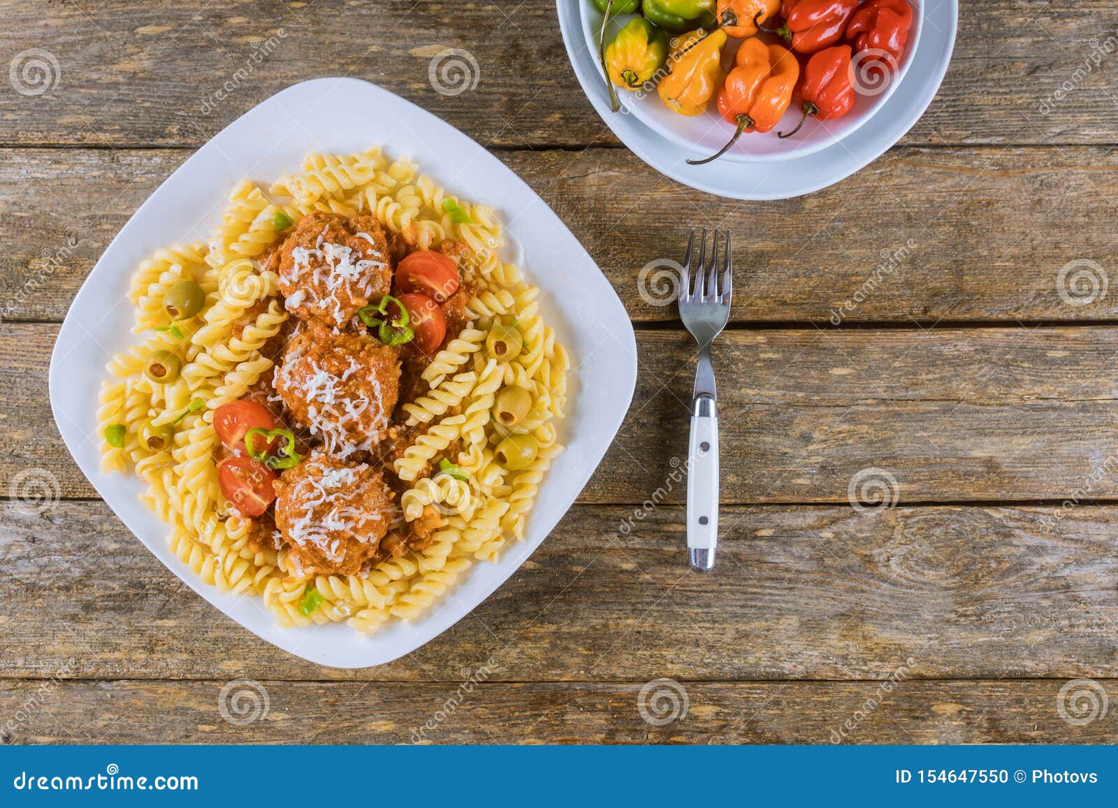 Rotini Pasta with Meatballs and Italian Tomato Sauce Stock Photo