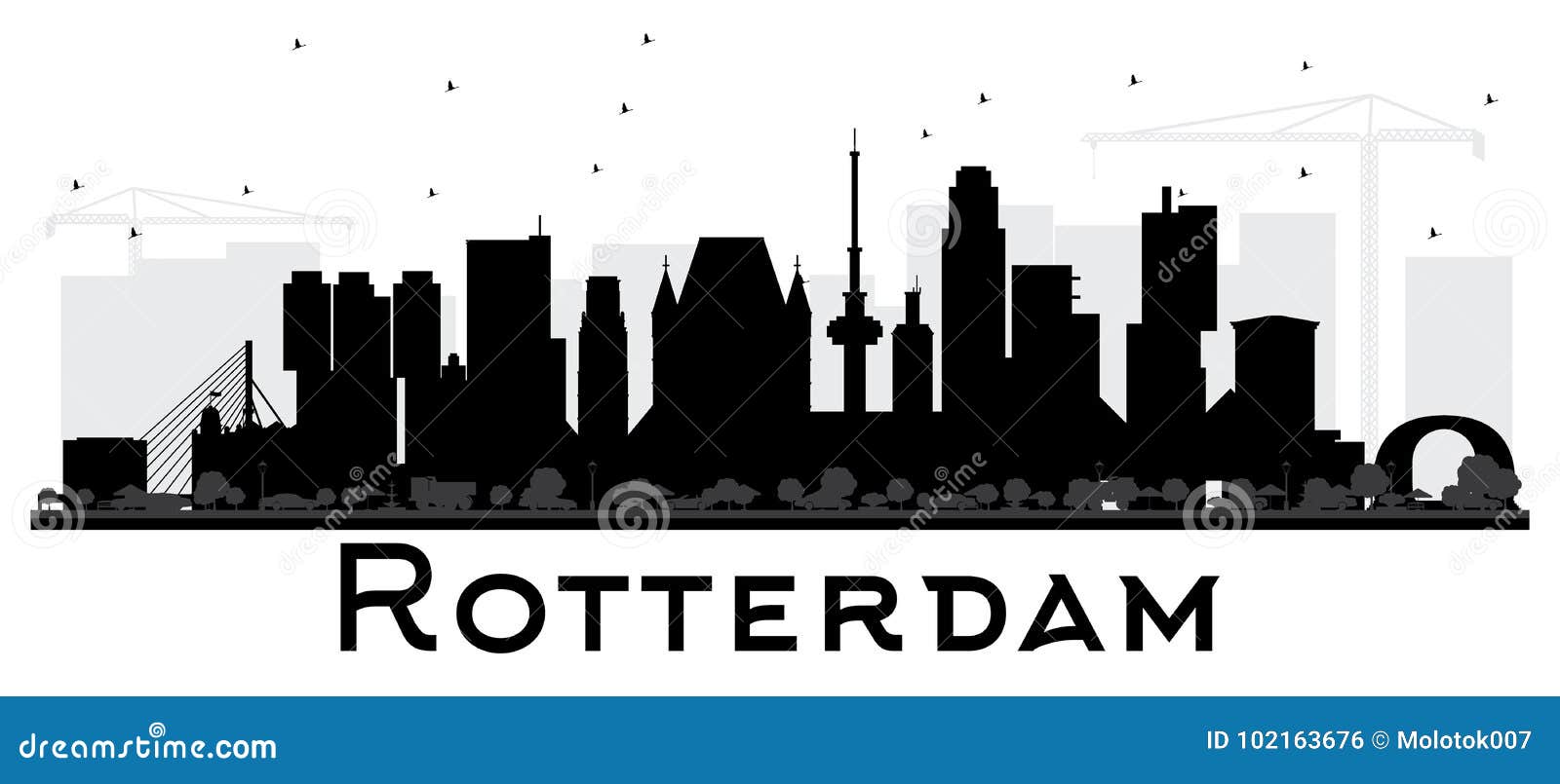 rotterdam netherlands skyline black and white silhouette.