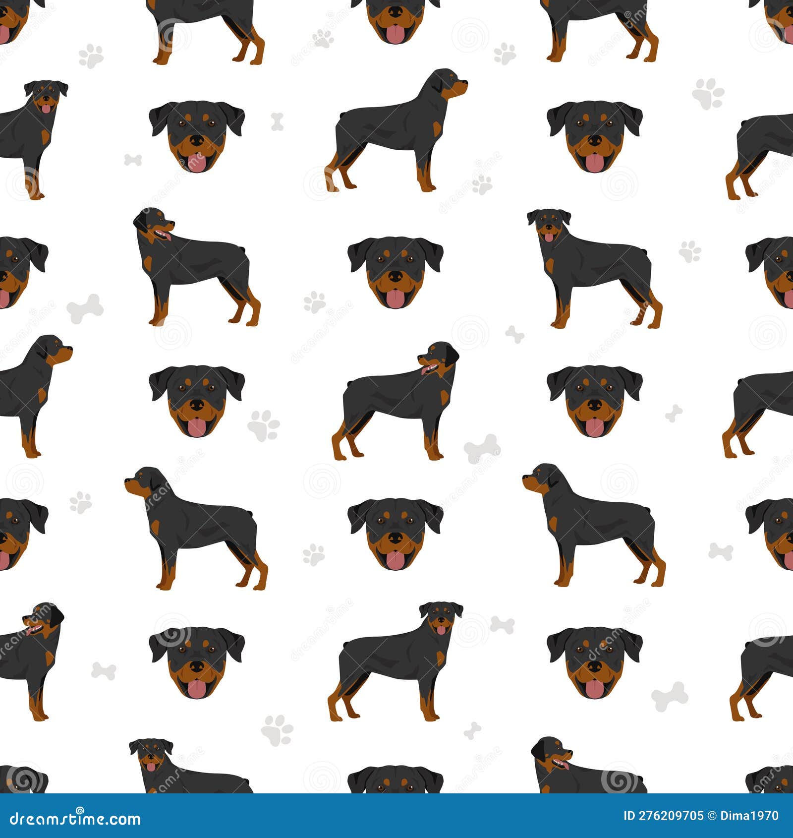 Rottweiler Seamless Pattern. Different Poses, Coat Colors Set Stock