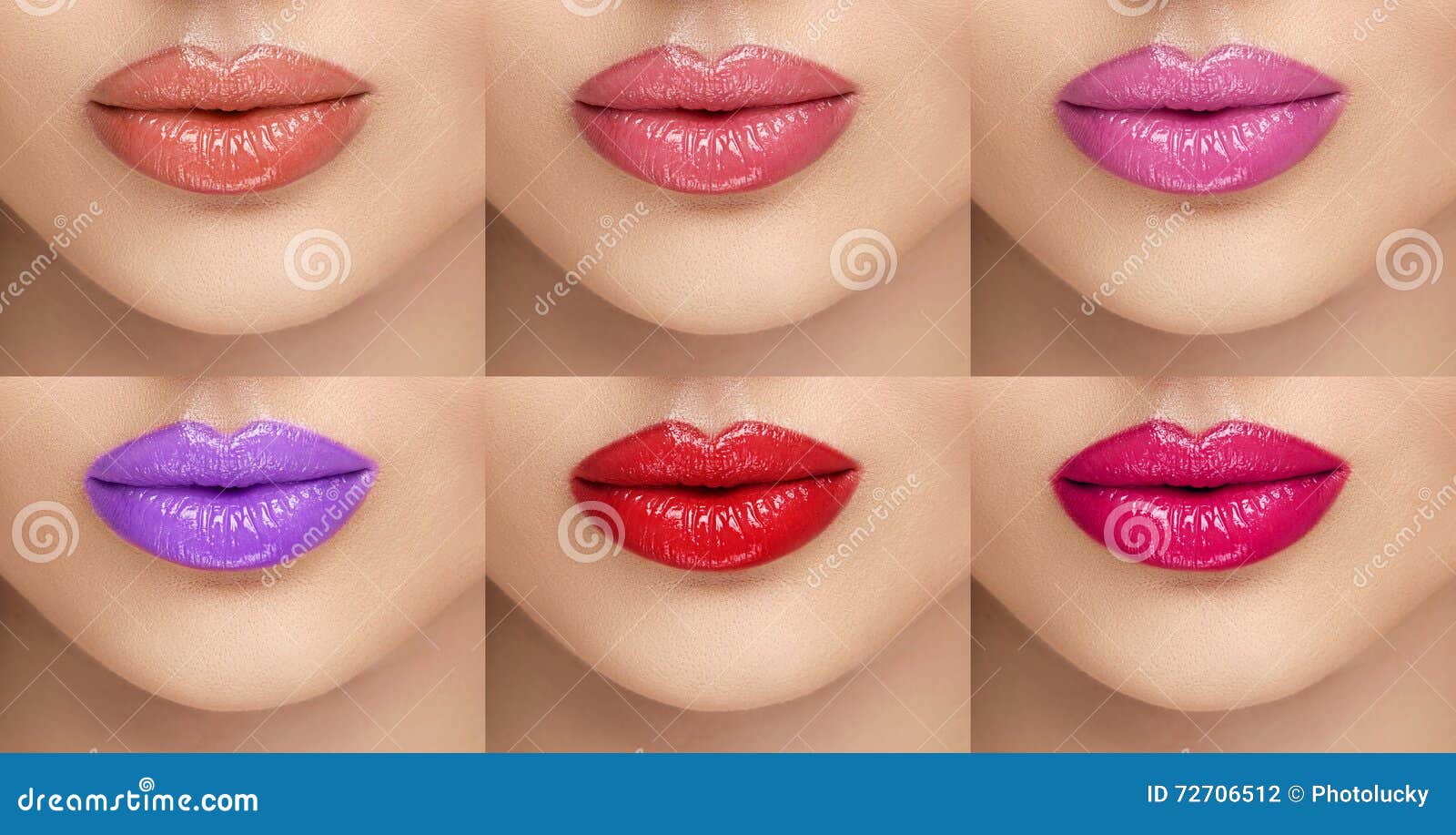 Rouges à lèvres de collection Lèvres femelles avec différentes couleurs de rouge à lèvres Un collage de six lèvres femelles Beauté, mode, soin, cosmétiques