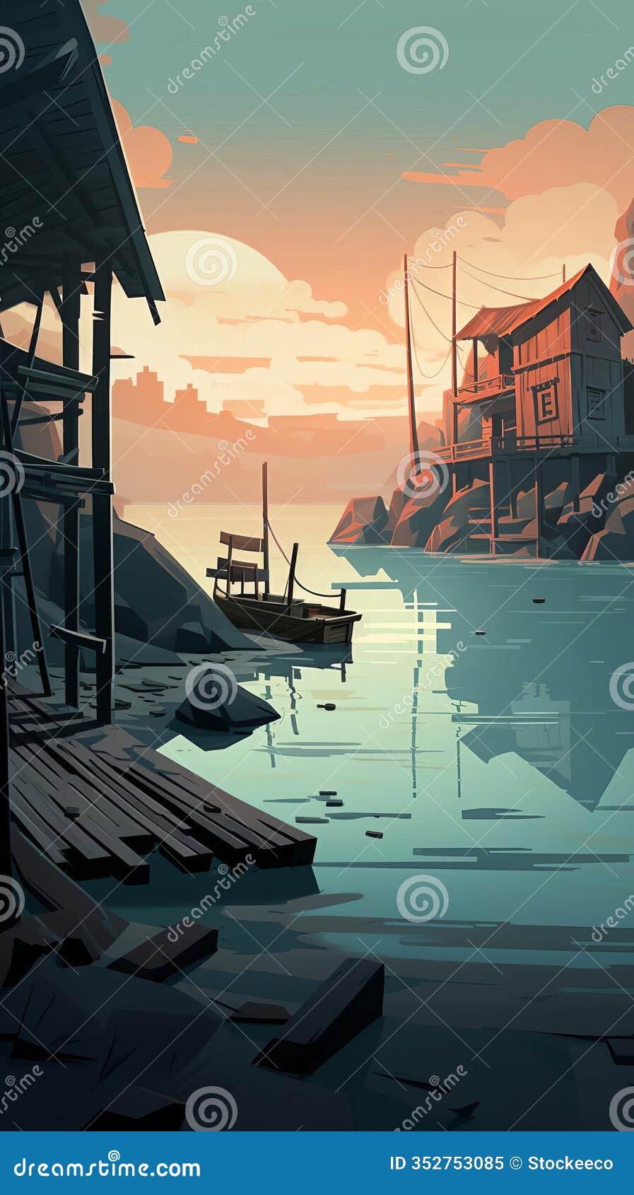 rough-edged 2d animated bay scene in daytime setting