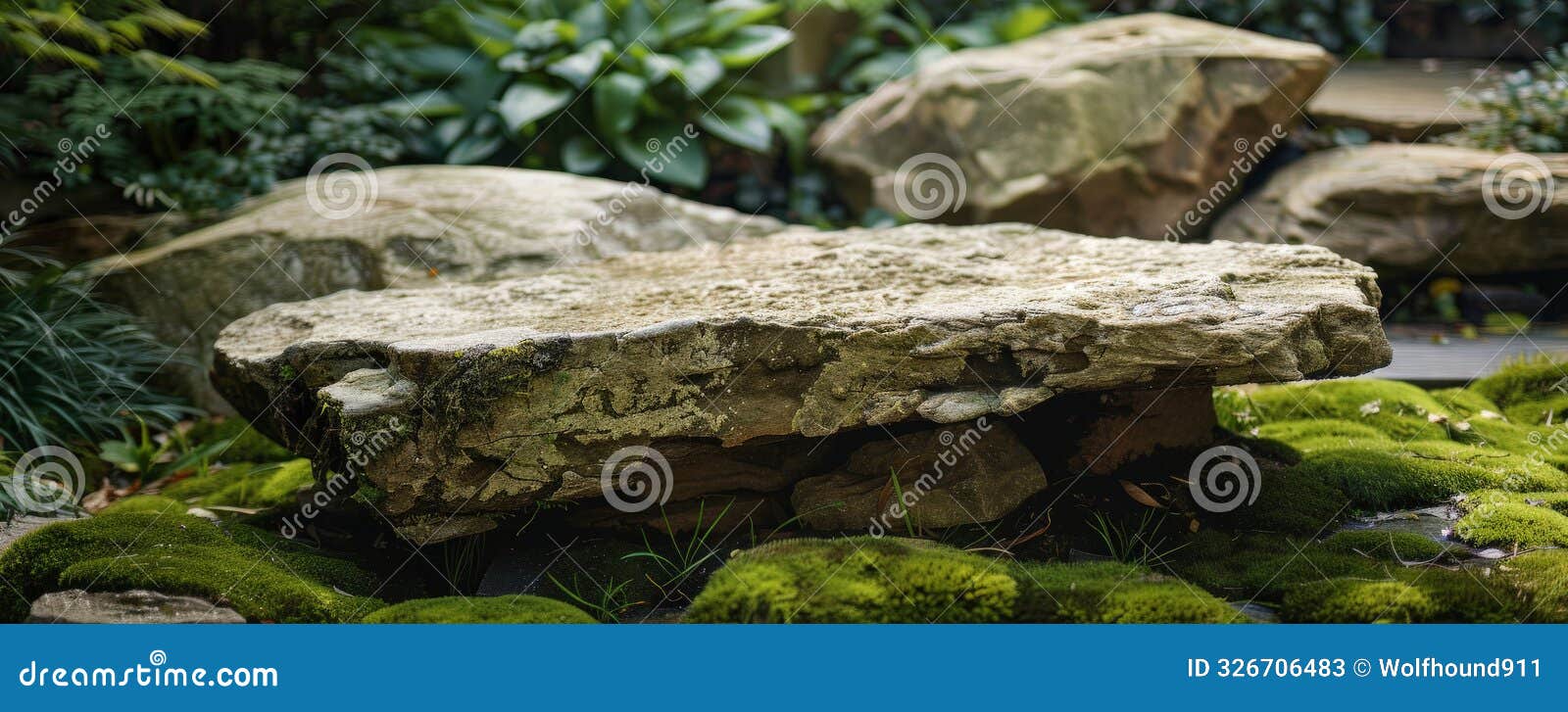 a rough-hewn stone podium with a natural, irregular , placed amidst a collection of