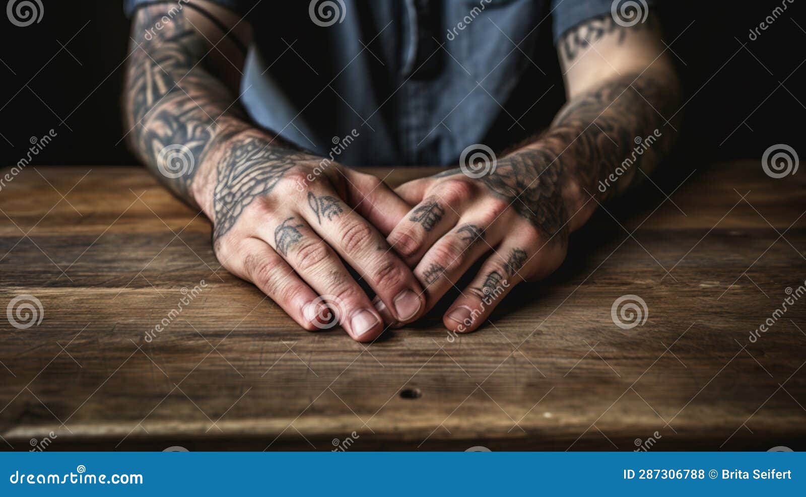rough male hands tattoos dirty fingernails rough wooden table generative ai rough male hands tattoos dirty 287306788