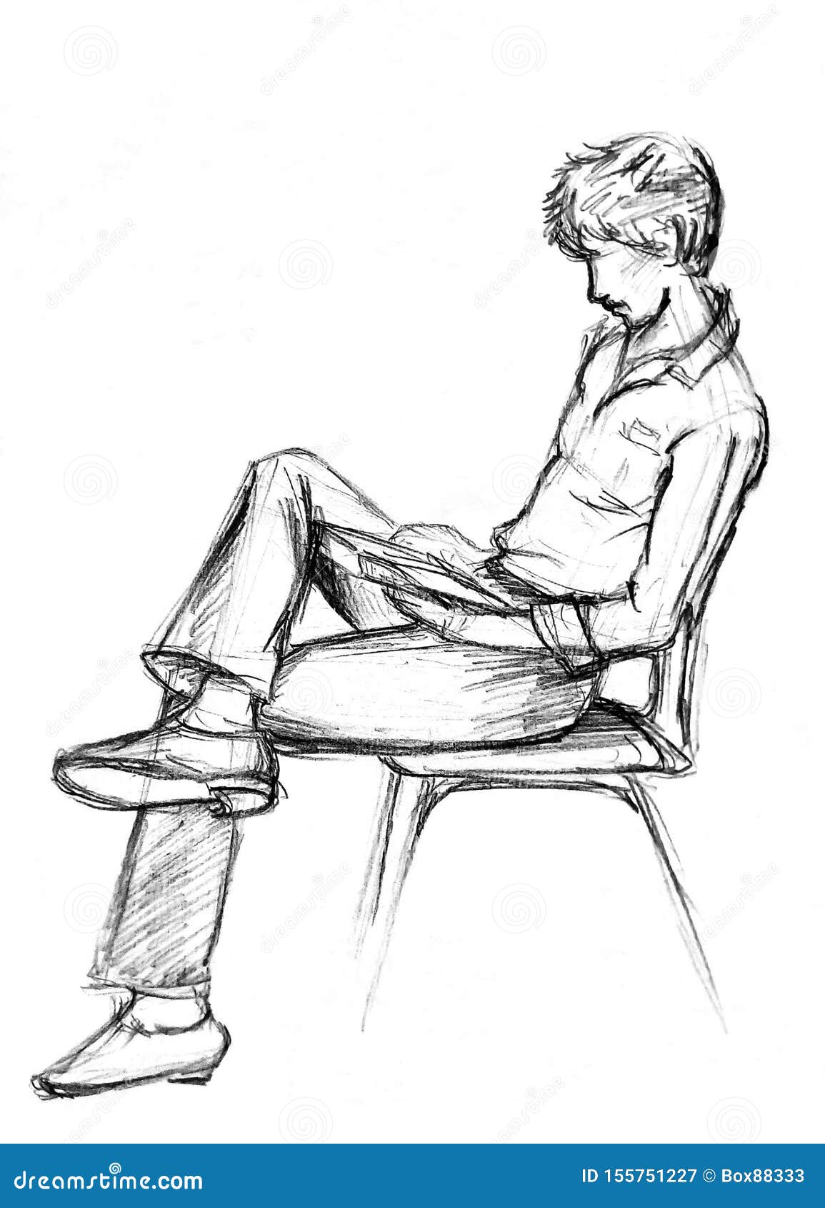 A Rough Sketch Of A Guy Sitting On A Chair And Reading A Book. Lead