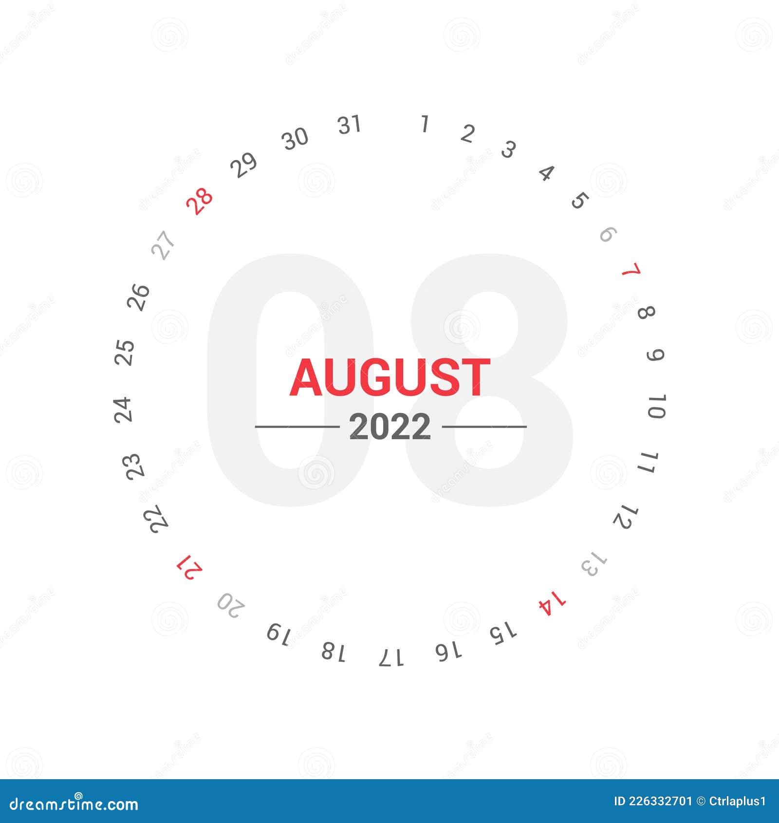 August 2022 Planner Circle Calendar. Saturday and Sunday Weekend Stock