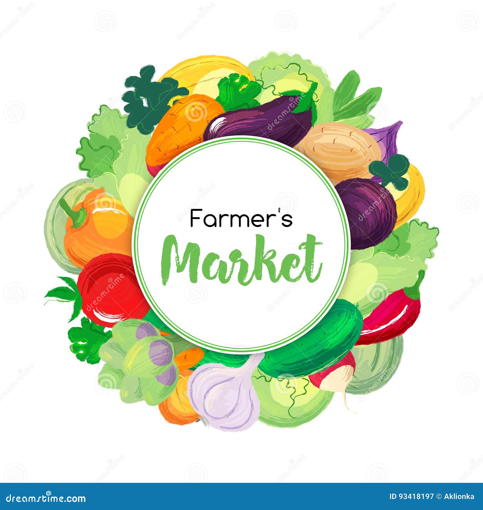 round banner for farmers markets and menu with vegetables.