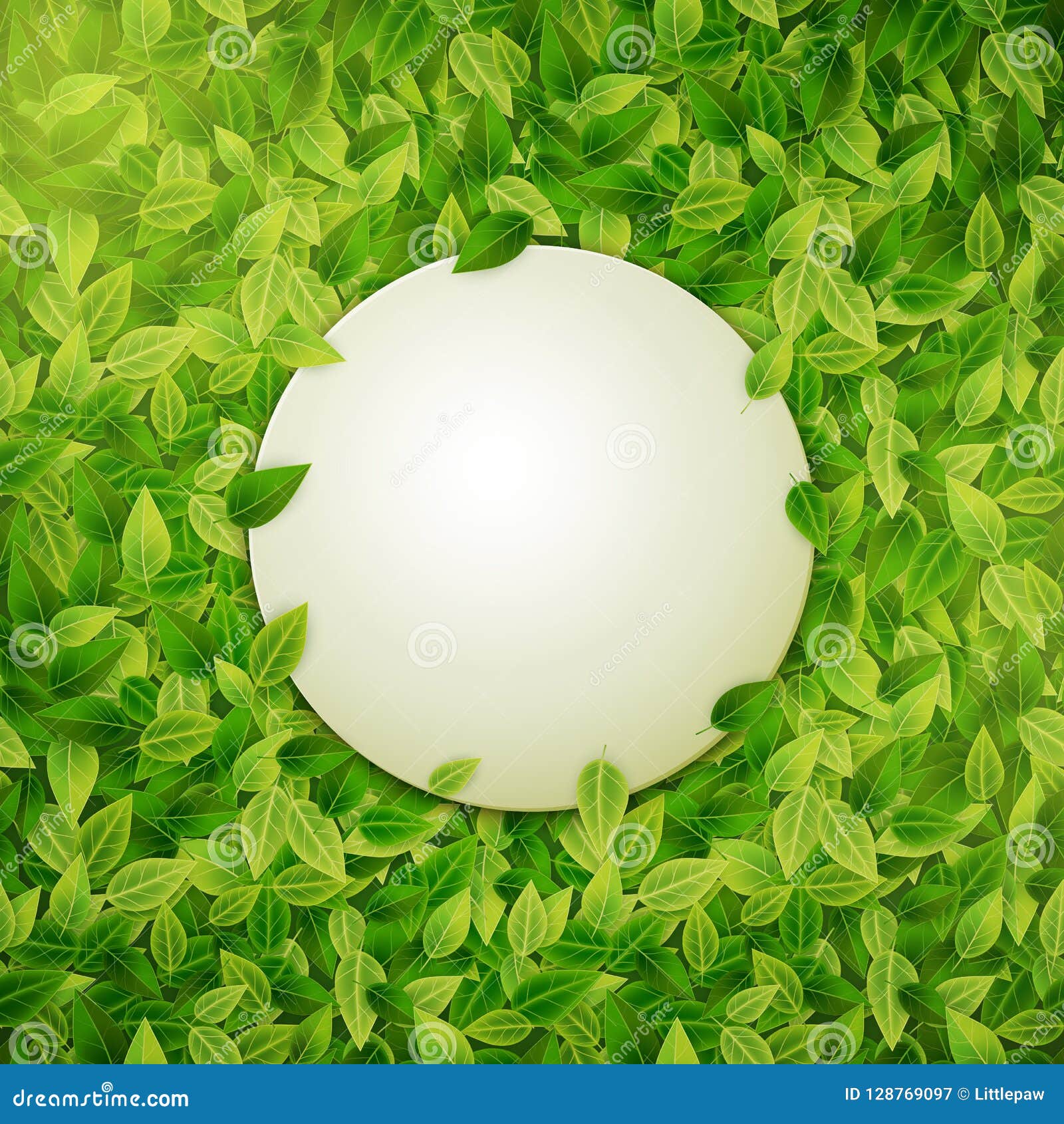 Round Banner on Green Leaves Background, Vector Illustration Stock