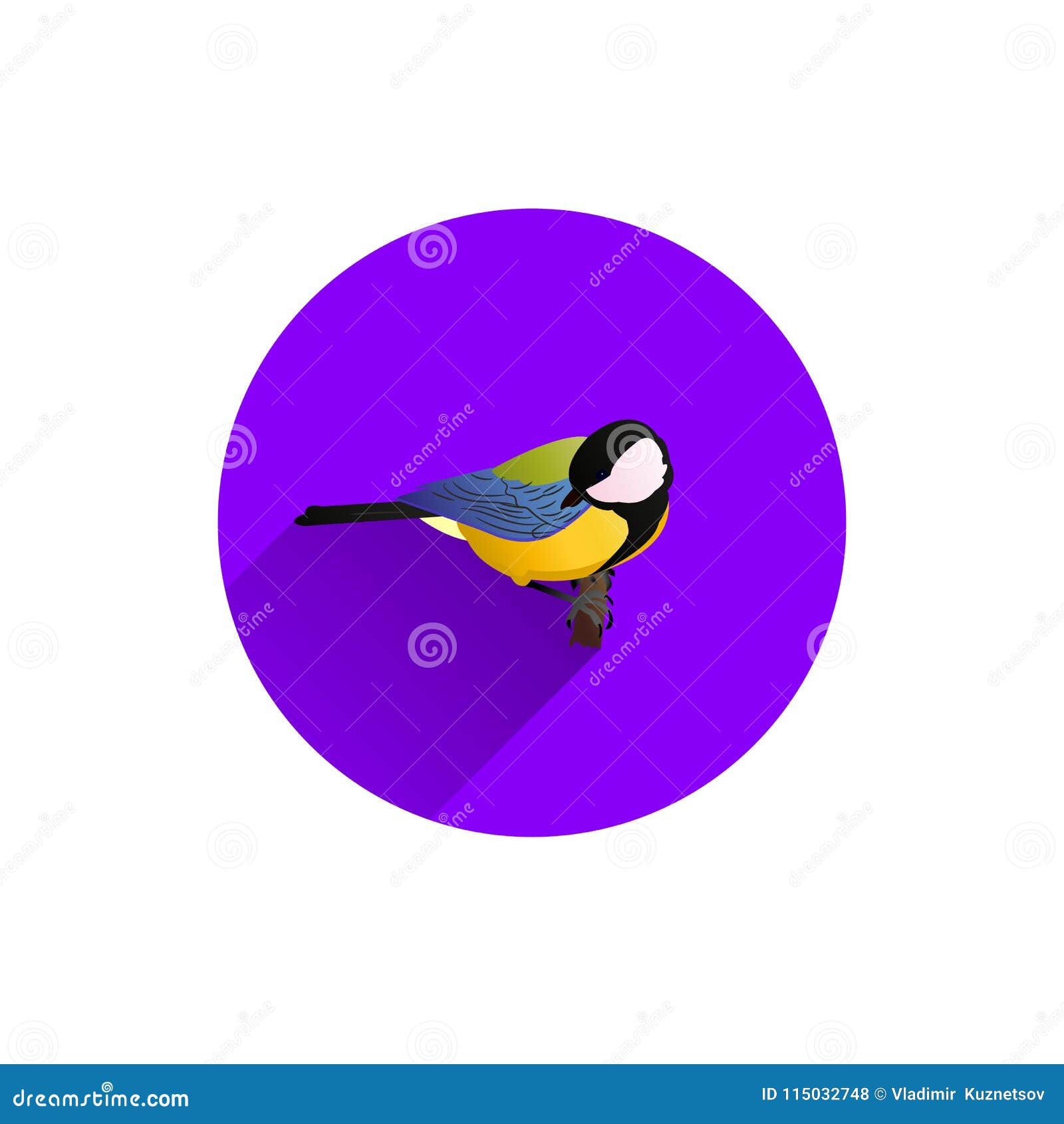 Round Blue Icon for Site, Bird on Branch,tit, Flat Style, Stock