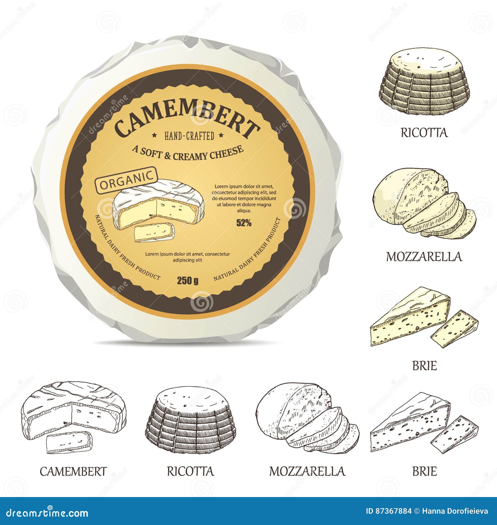 Download Round Cheese Mockup With Camembert Label. Vector Illustration With Vintage Sticker. Stock Vector ...