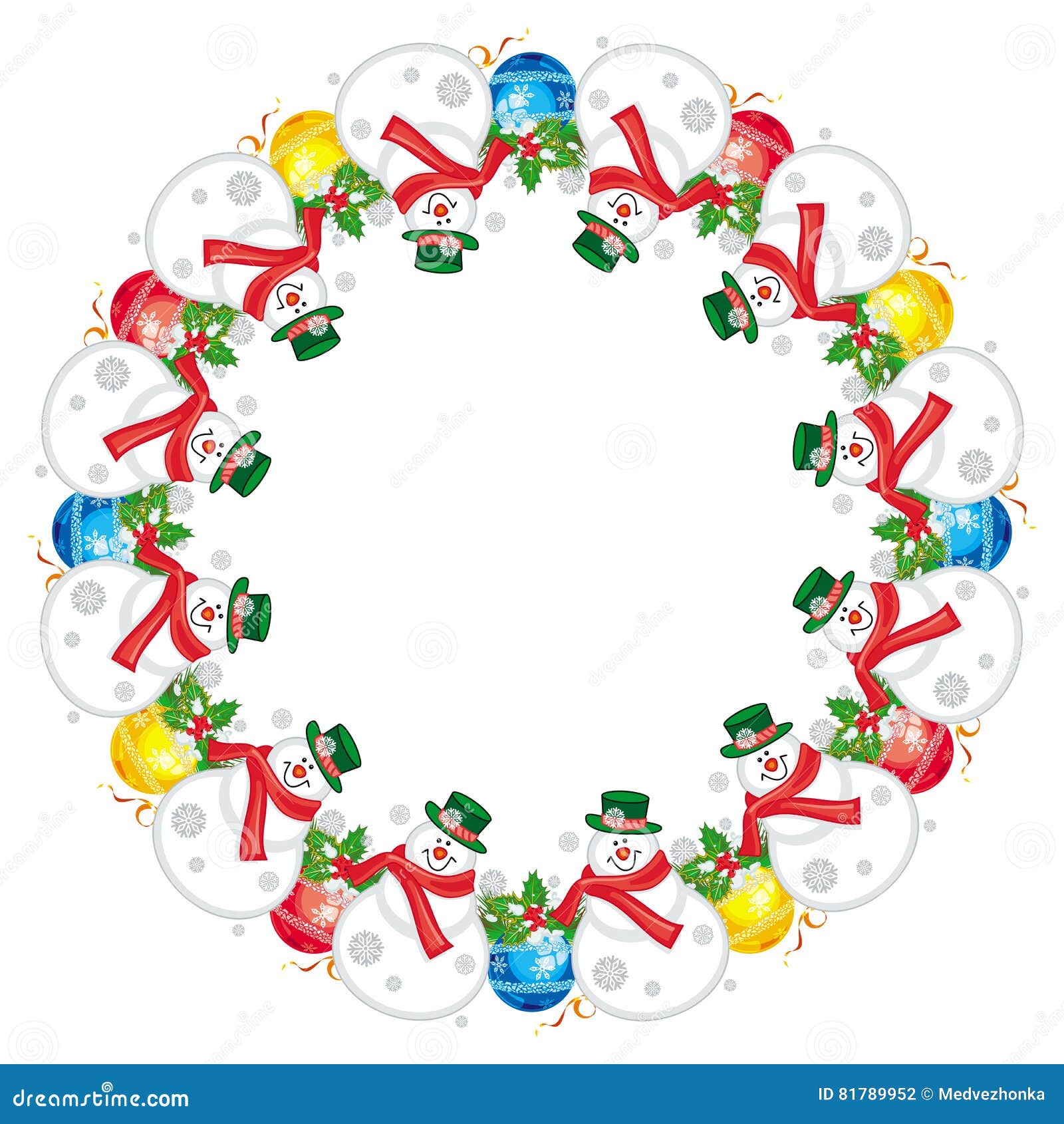 Round Christmas Garland with Happy Snowman Stock Illustration ...