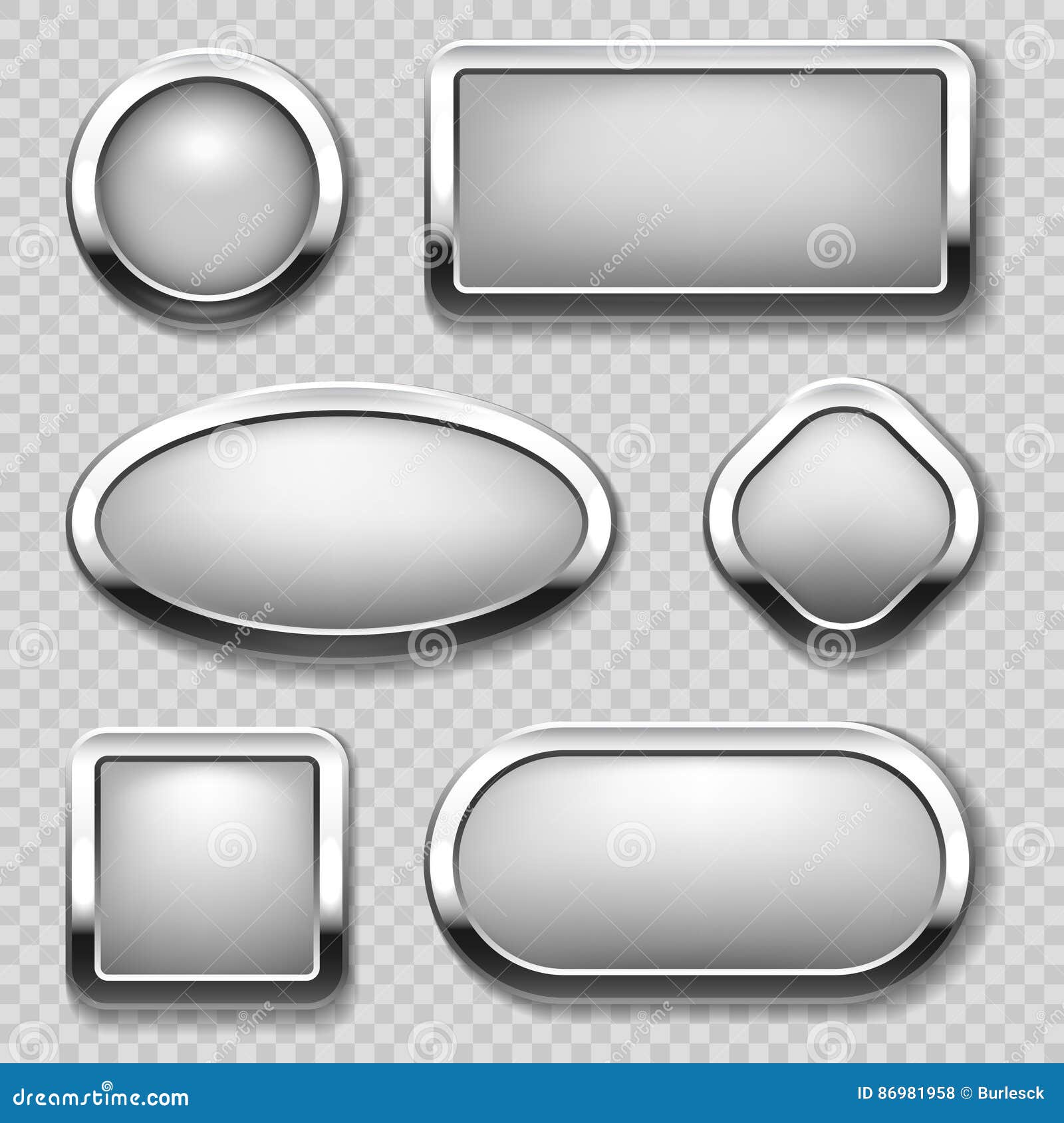 round chrome button collection on transparent background.  metal buttons