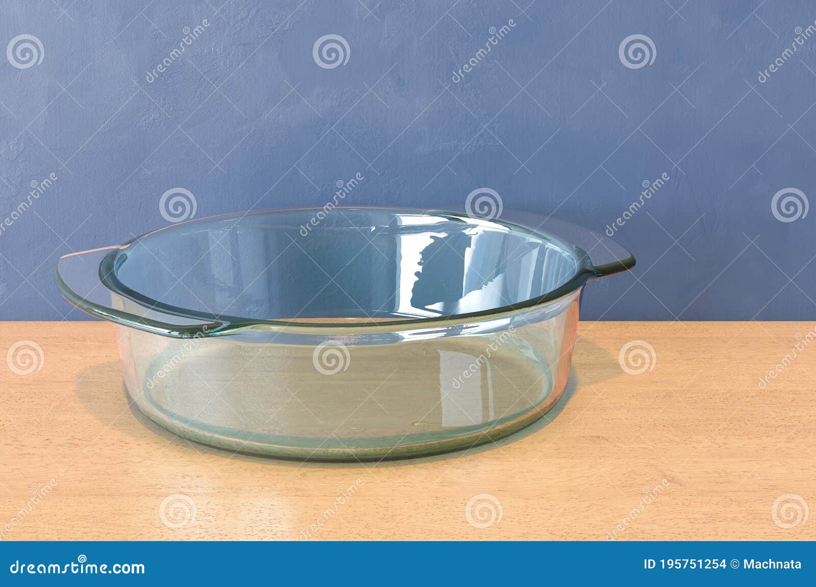 Round Clear Glass Baking Dish on the Wooden Table. 3D Rendering Stock