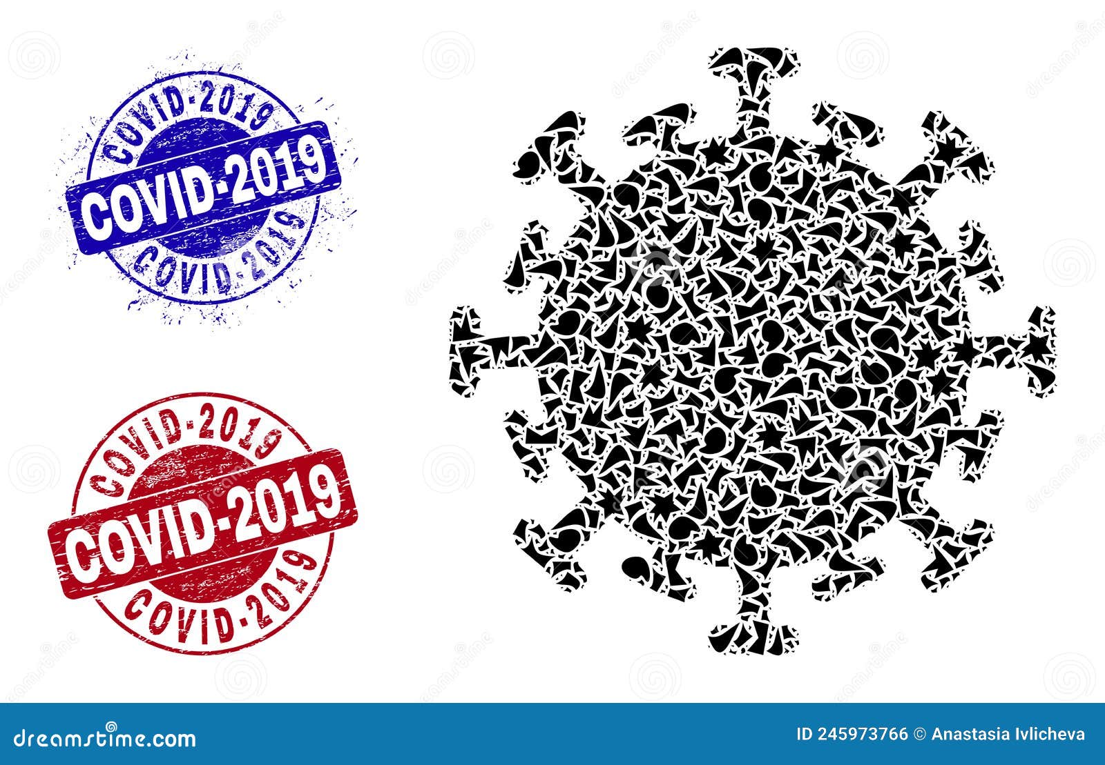 contagious virus mosaic of shards with covid-2019 distress seal stamps