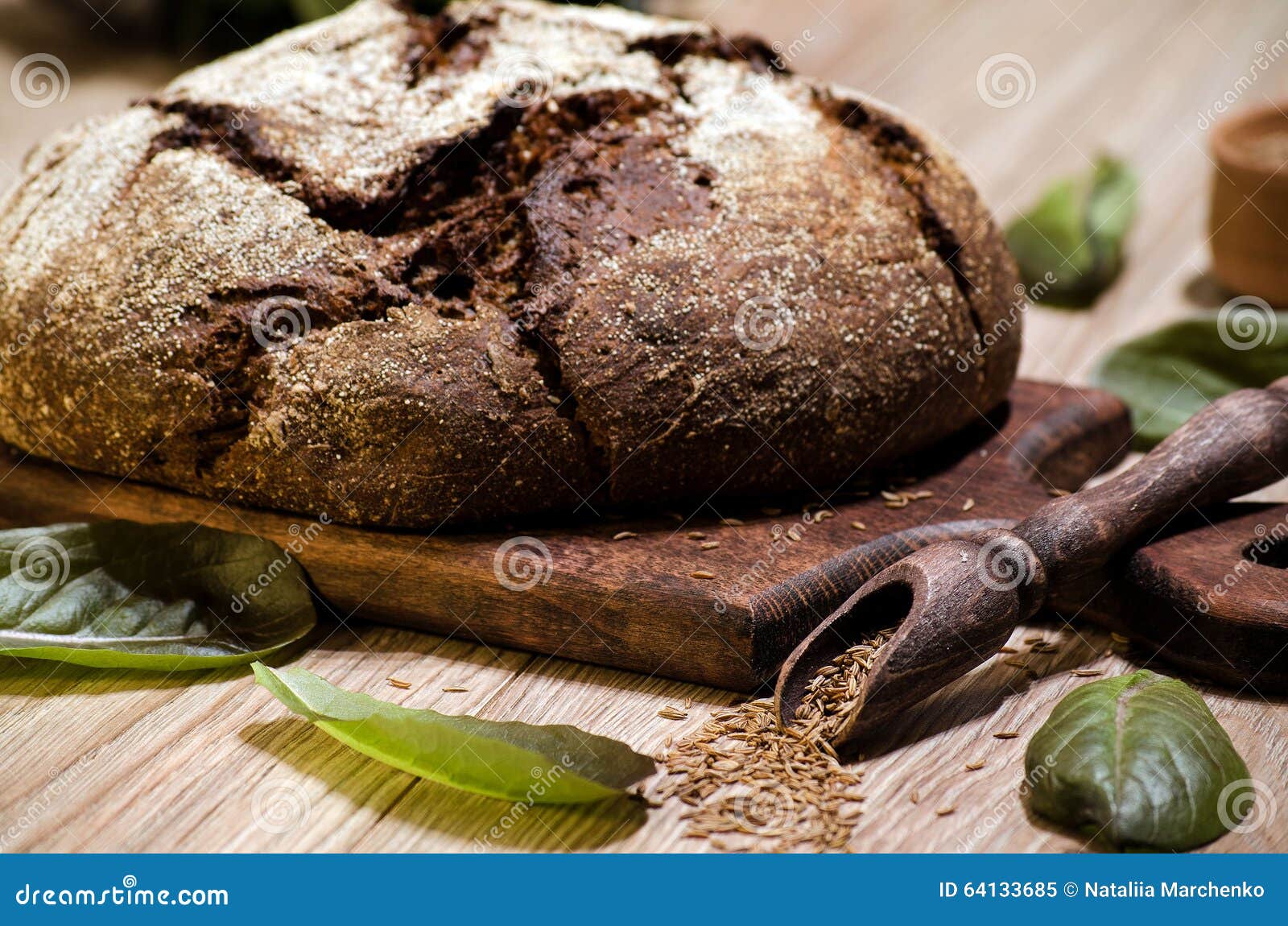 Round Dark Rye Bread with Caraway Seeds and Lettuce Stock Image Image of bread, crop 64133685