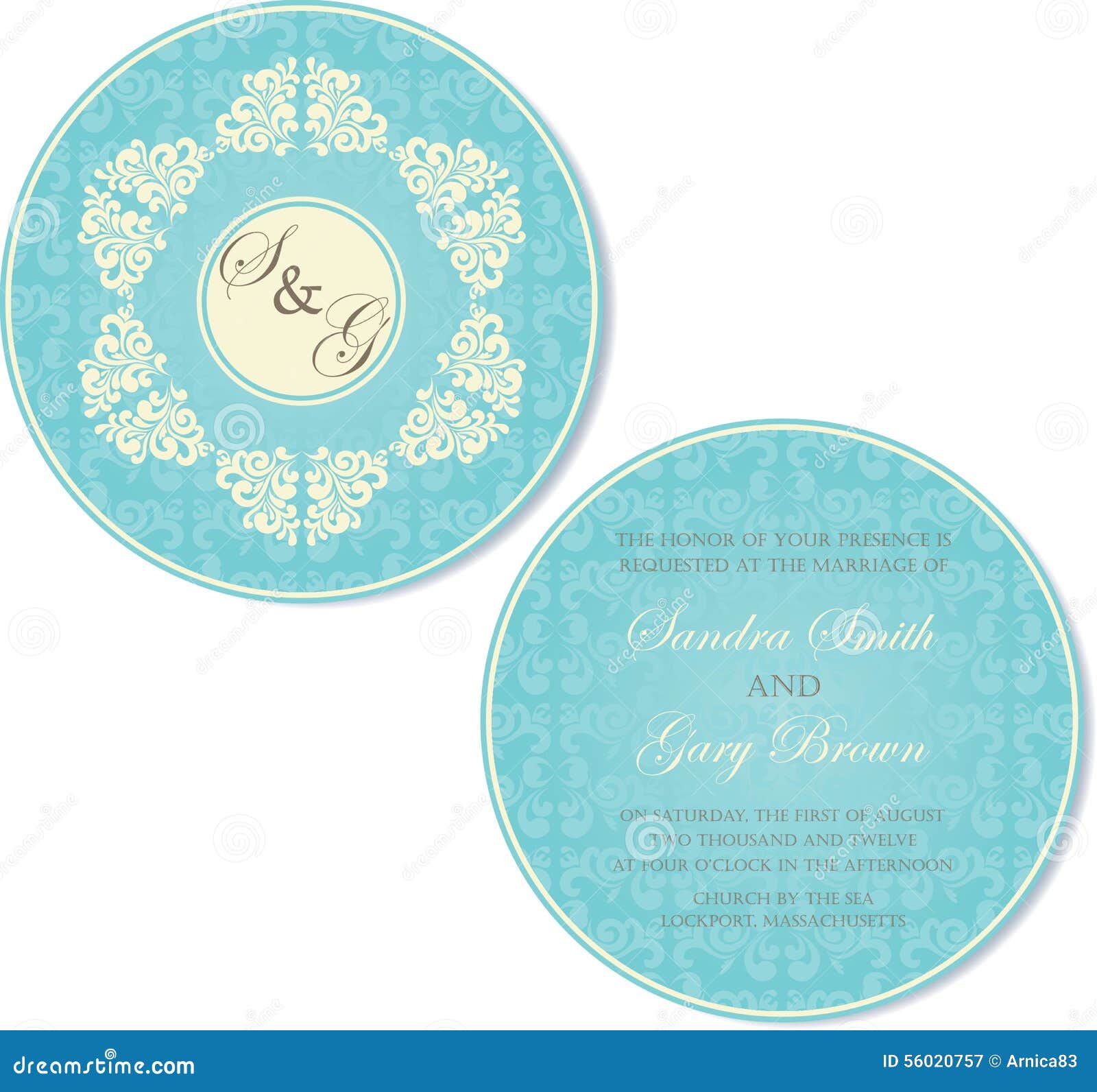 Round, Doublesided Vintage Wedding Invitation Stock Vector