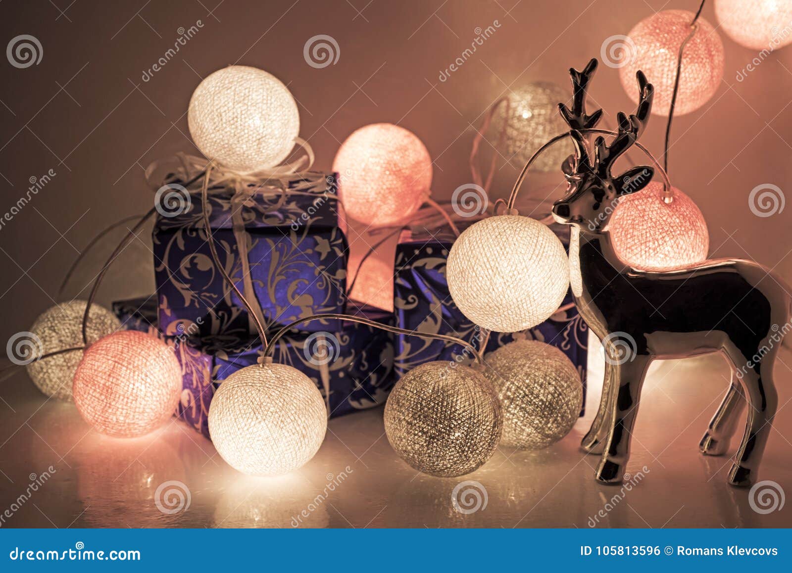 Round Electric Christmas Lights with Some Decor Elements. Stock Photo