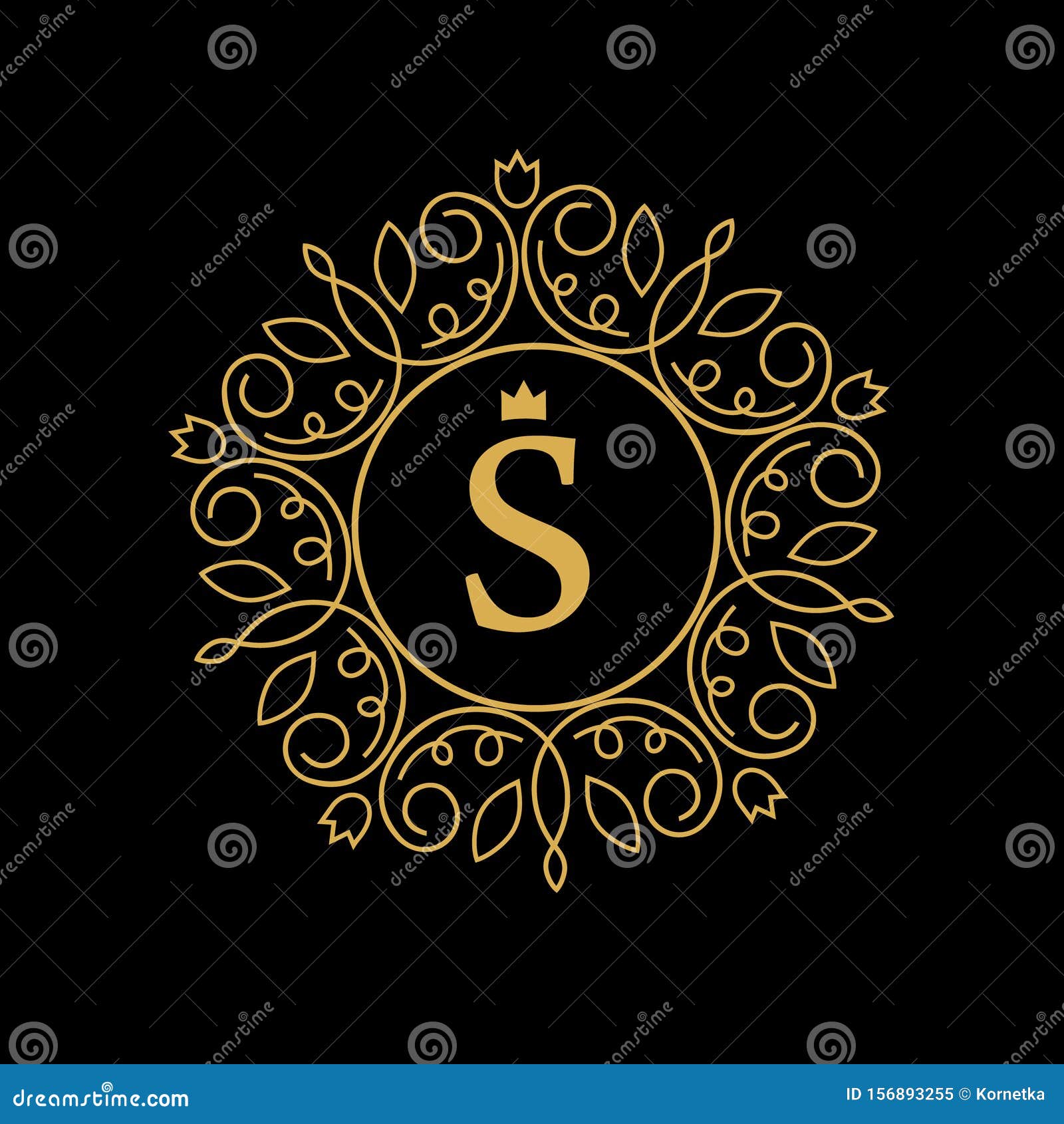 Round Emblem with the Gold Letter S on Black Background. Elegant Floral ...