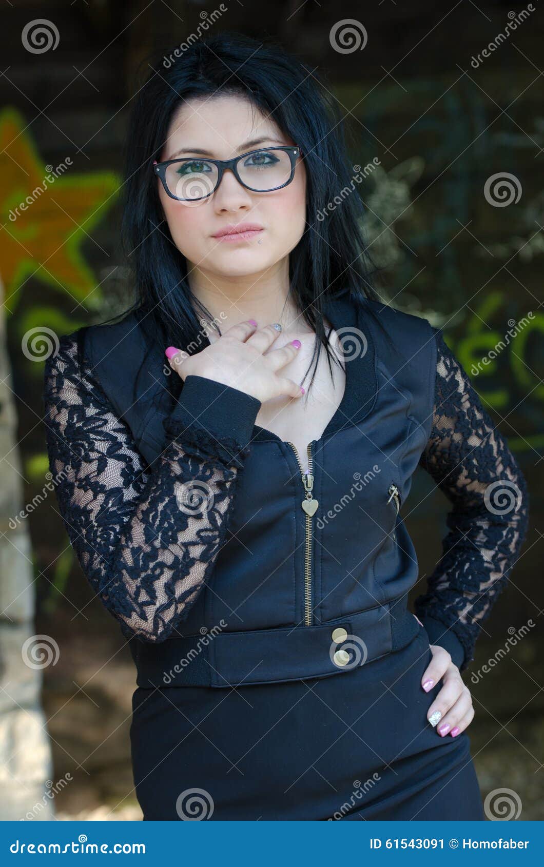 Round Face Lady with Glasses and Black Clothes Stock Image Image of