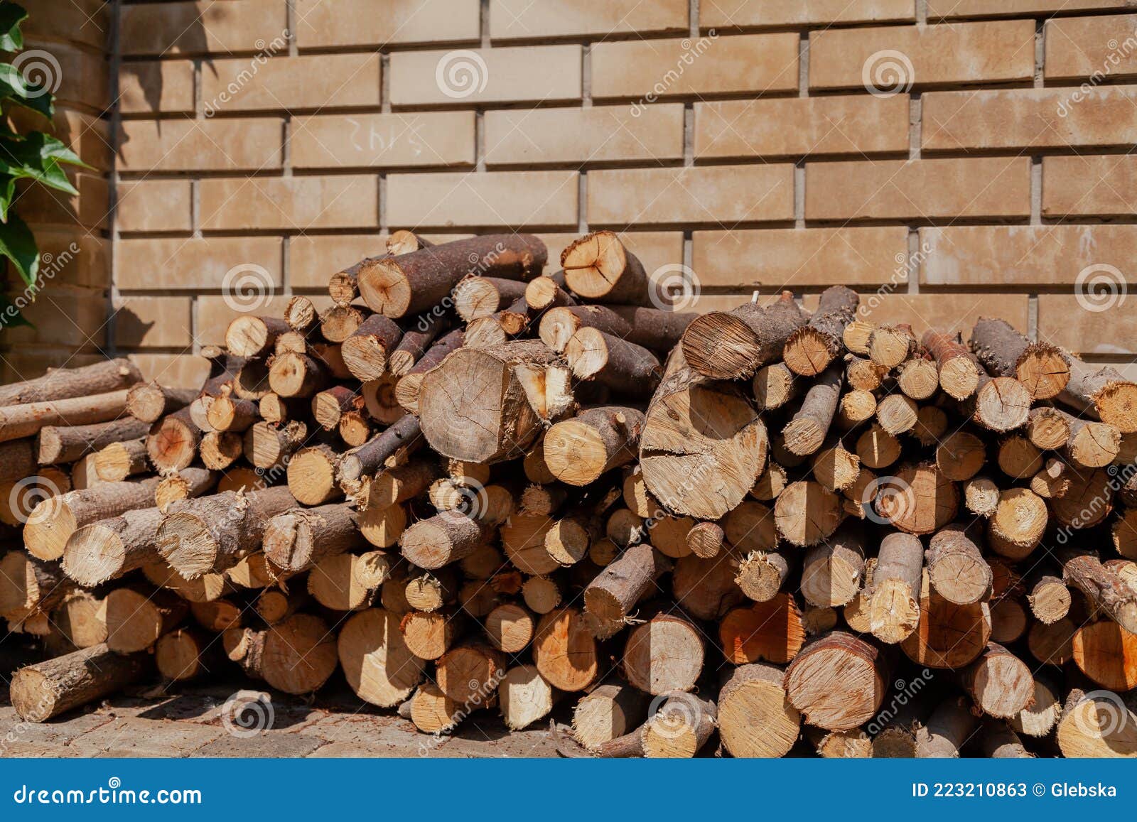 Round Firewood Stacked in Front of Brick Fence Stock Image Image of