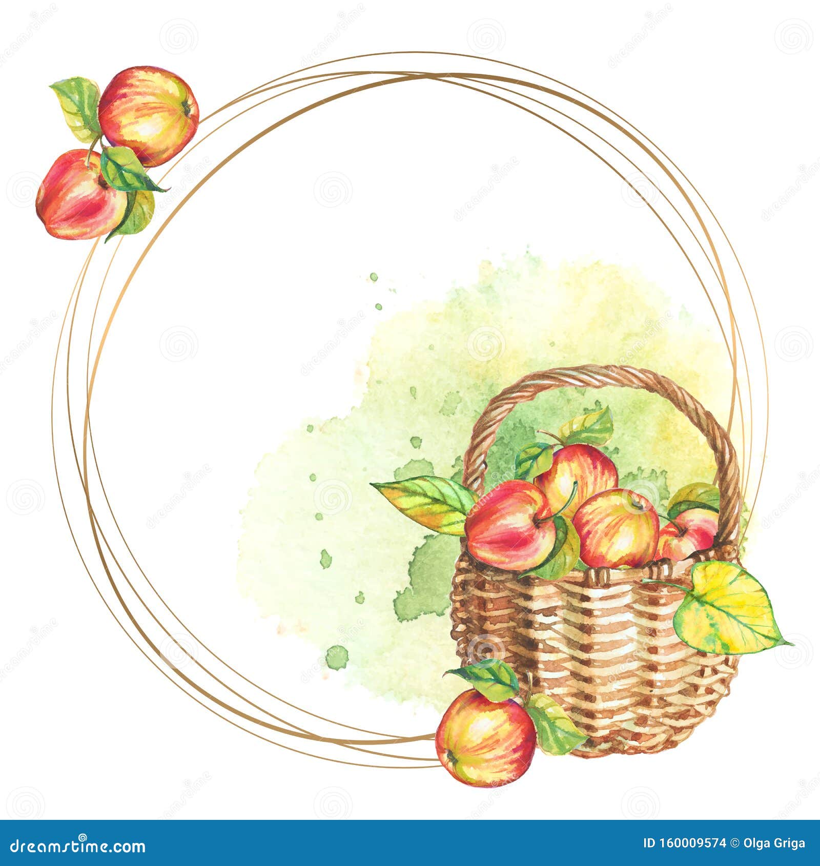 Apples Bucket. Thanksgiving or Harvest Day card. Watercolor.
