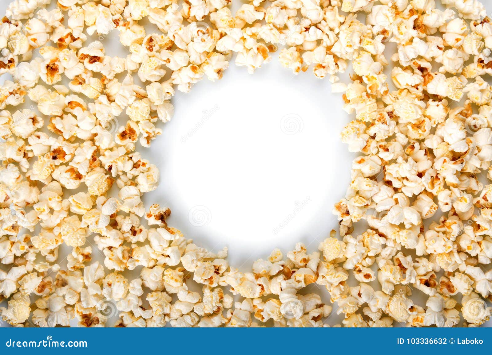 Round Frame Made of Popcorn Isolated on White. Stock Photo Image of