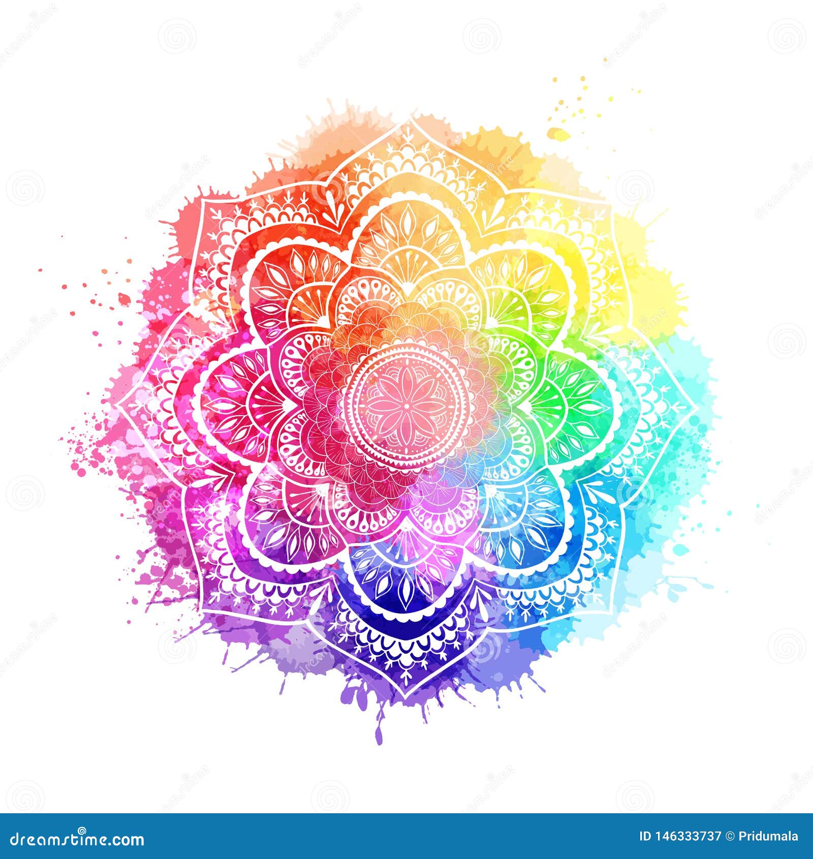 round gradient mandala on white  background. mandala over colorful watercolor