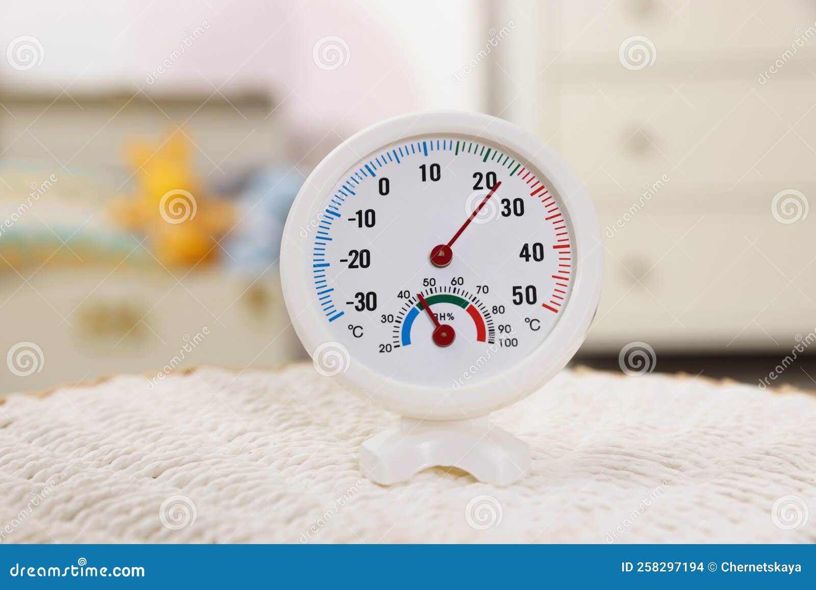 Round Hygrometer with Thermometer on Mat in Room Stock Photo Image of