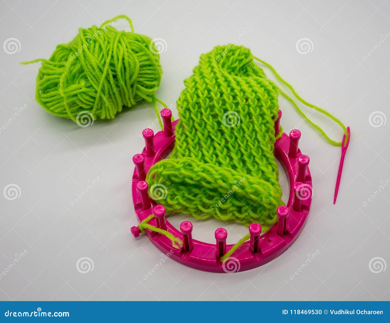 Round Knitting Loom Kit and Green Yarn with Basic Stitches Isolated on  White Stock Photo - Image of maker, handmade: 118469530