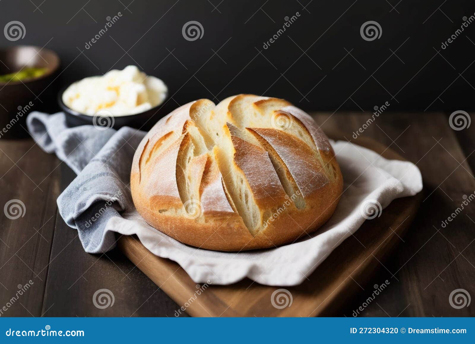 Round Loaf of Freshly Baked Sourdough Bread. Generative AI Stock