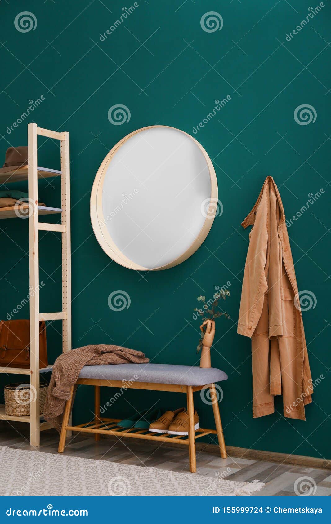 Round Mirror on Green Wall in Stylish Interior Stock Photo - Image of ...