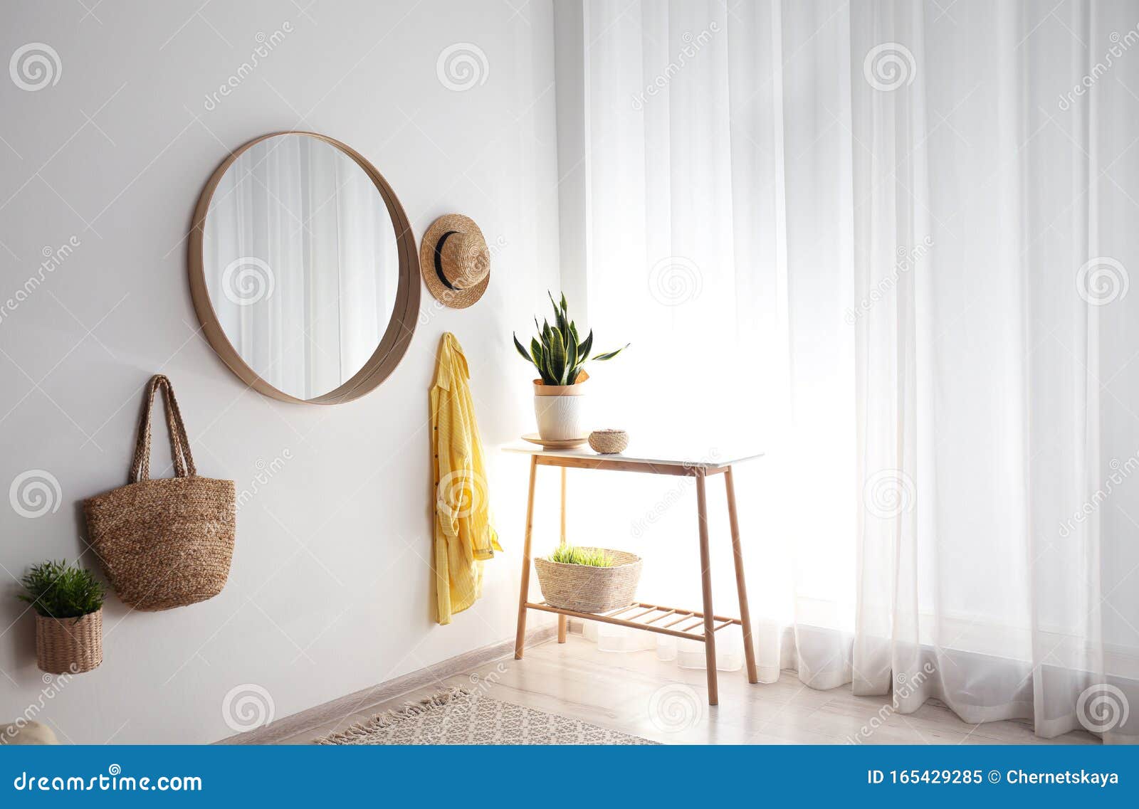 Round Mirror With Wooden Frame On White Wall In Room Stock Image Image Of Mirror Background 165429285 https www dreamstime com round mirror wooden frame white wall light room image165429285