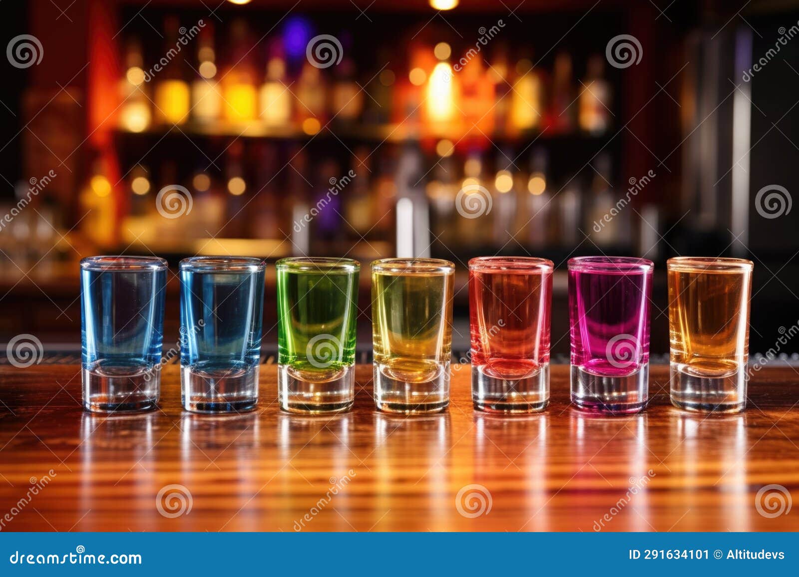 A Round of Multicolored Shots Lined Up on a Bar Stock Image Image of
